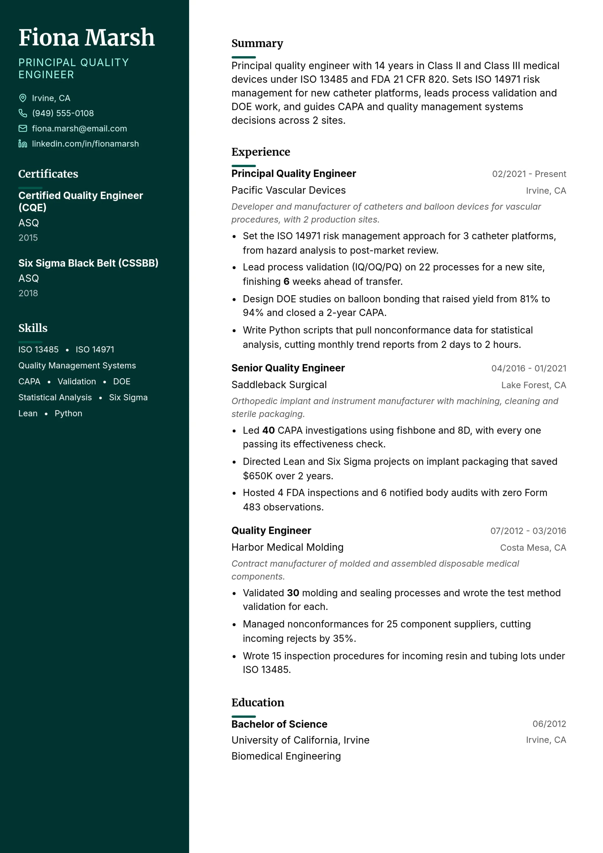 Principal Quality Engineer resume example