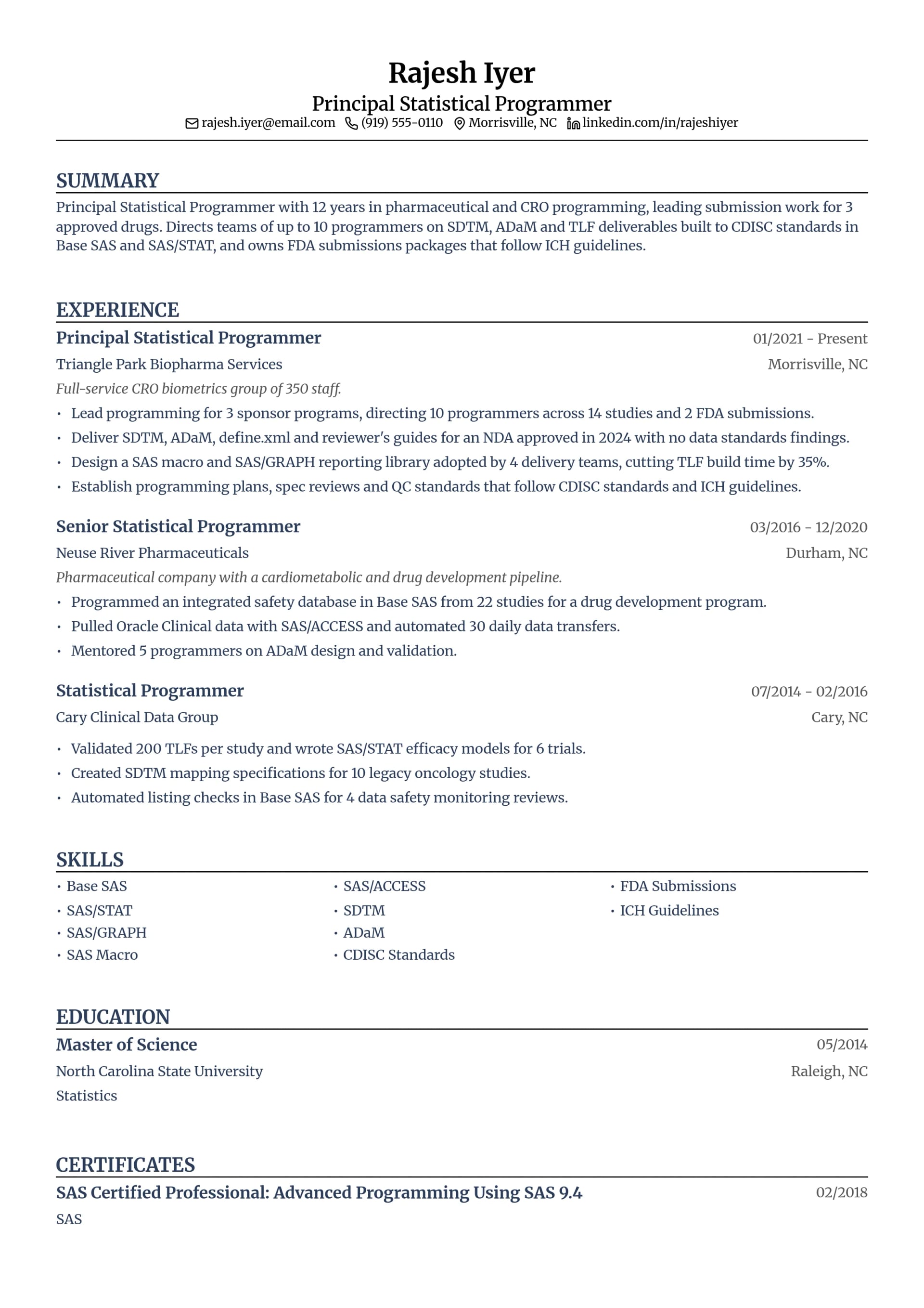 Principal Statistical Programmer resume example