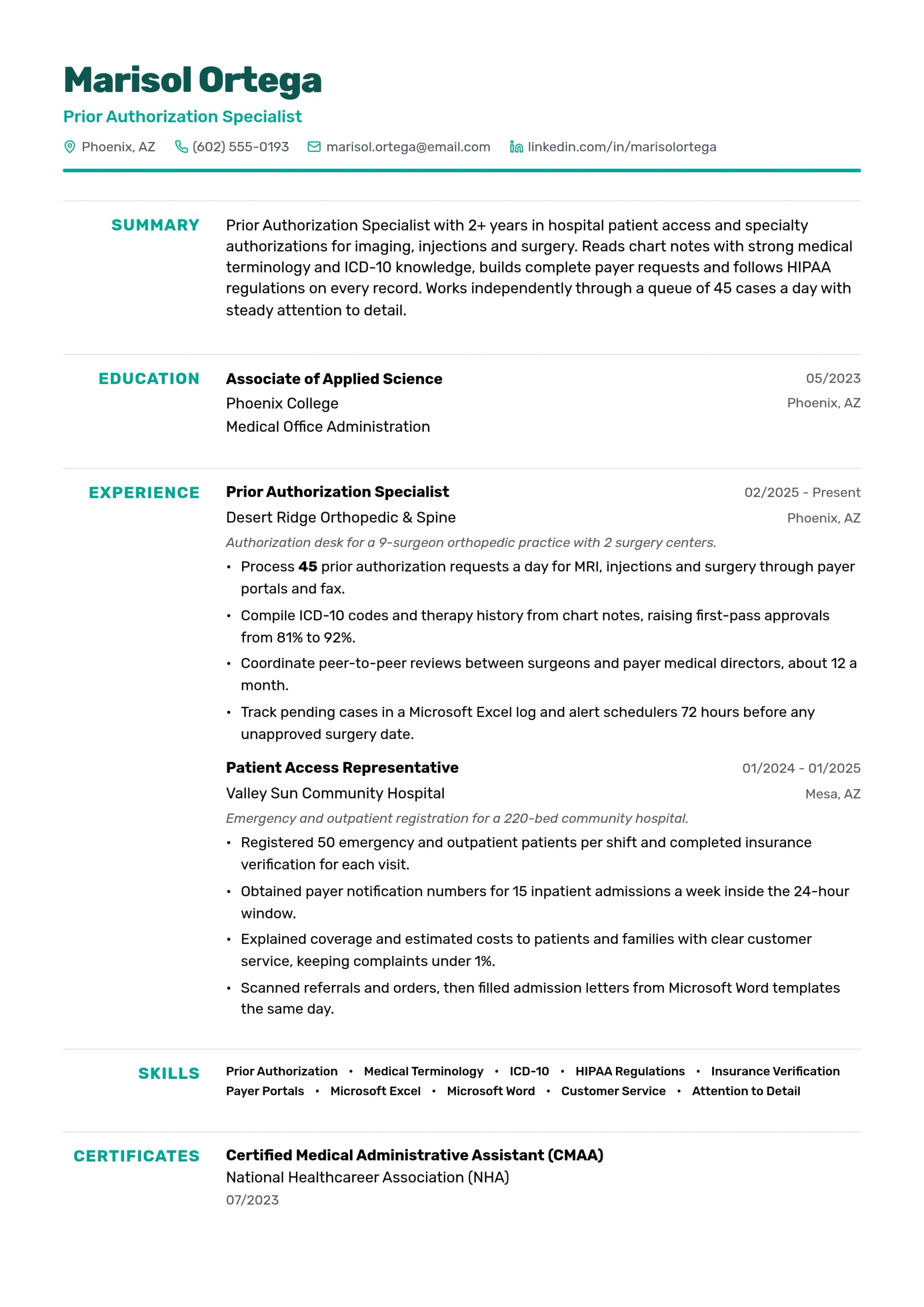 Prior Authorization Specialist resume example