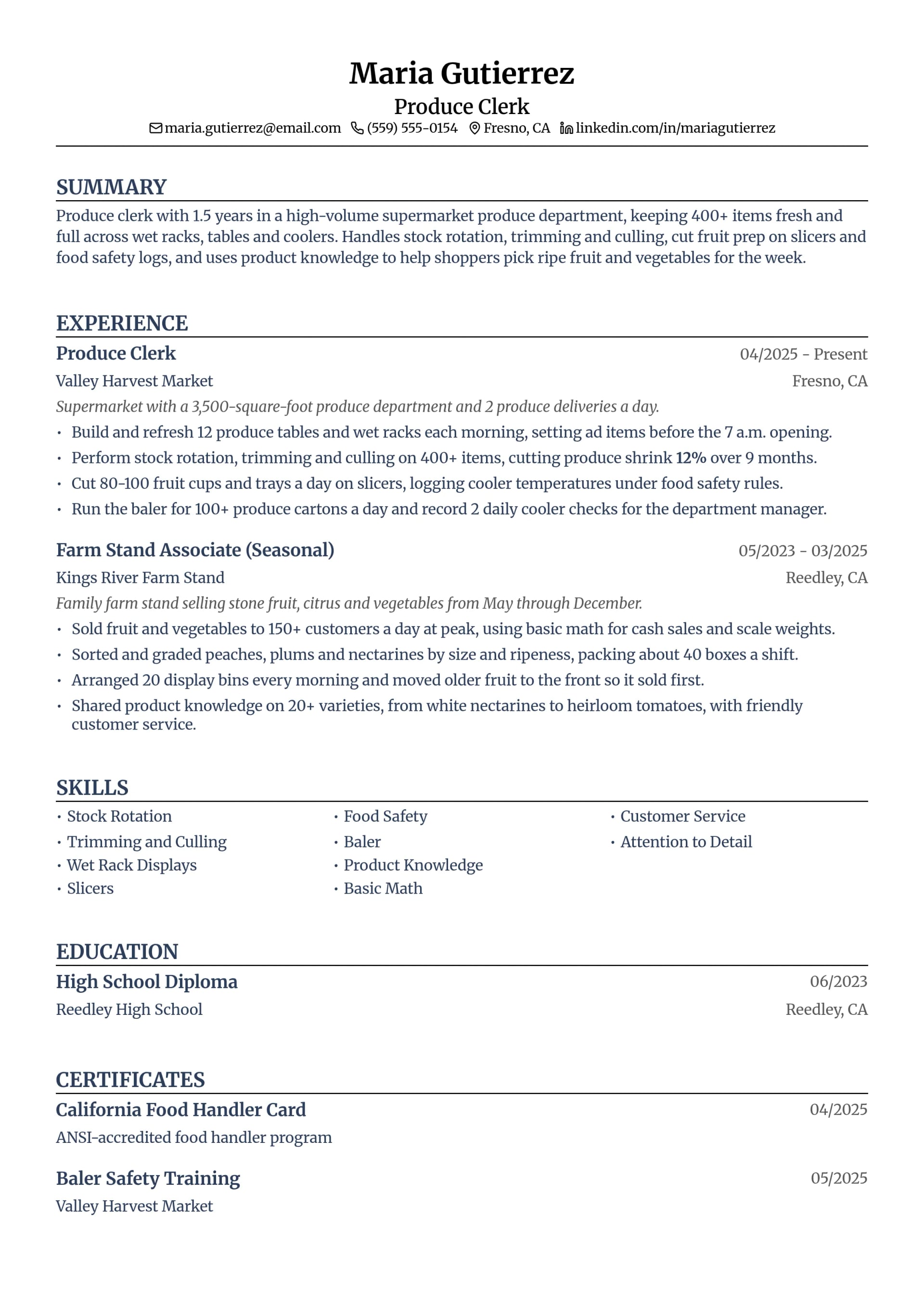 Produce Clerk resume example