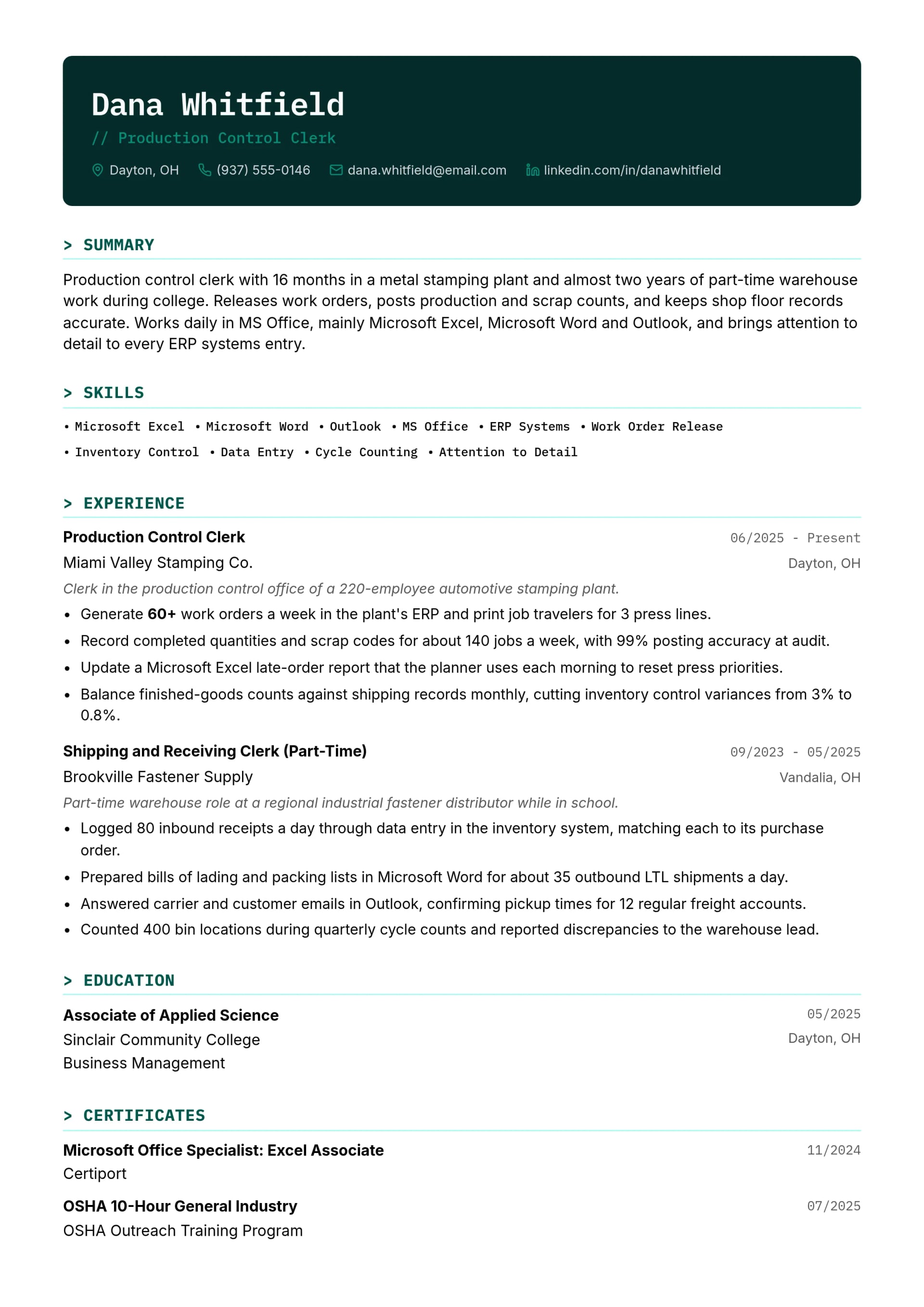 Production Control Clerk resume example