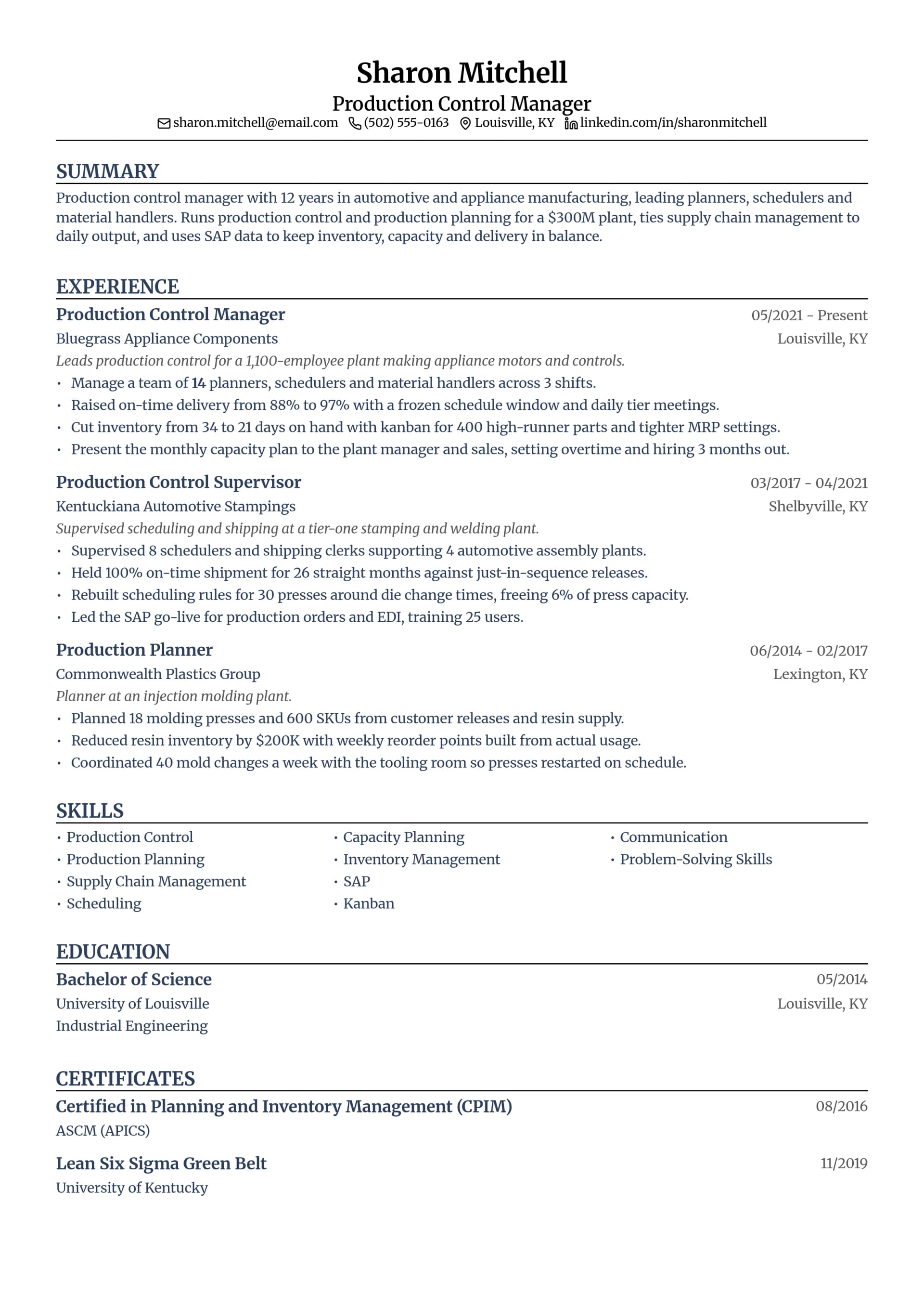 Production Control Manager resume example