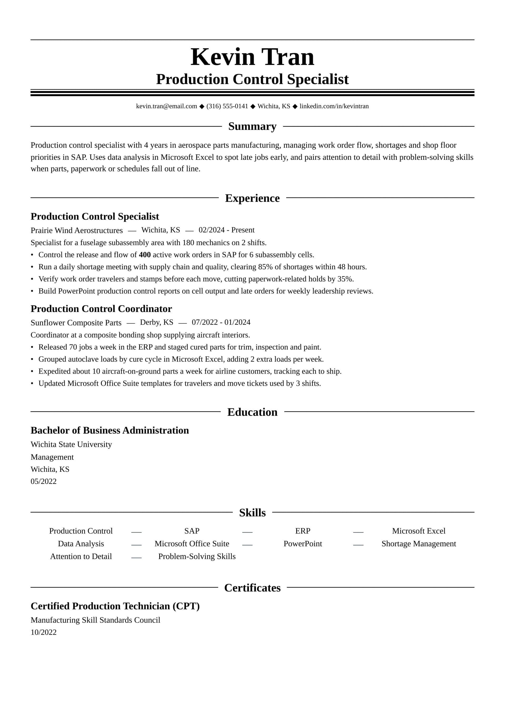 Production Control Specialist resume example