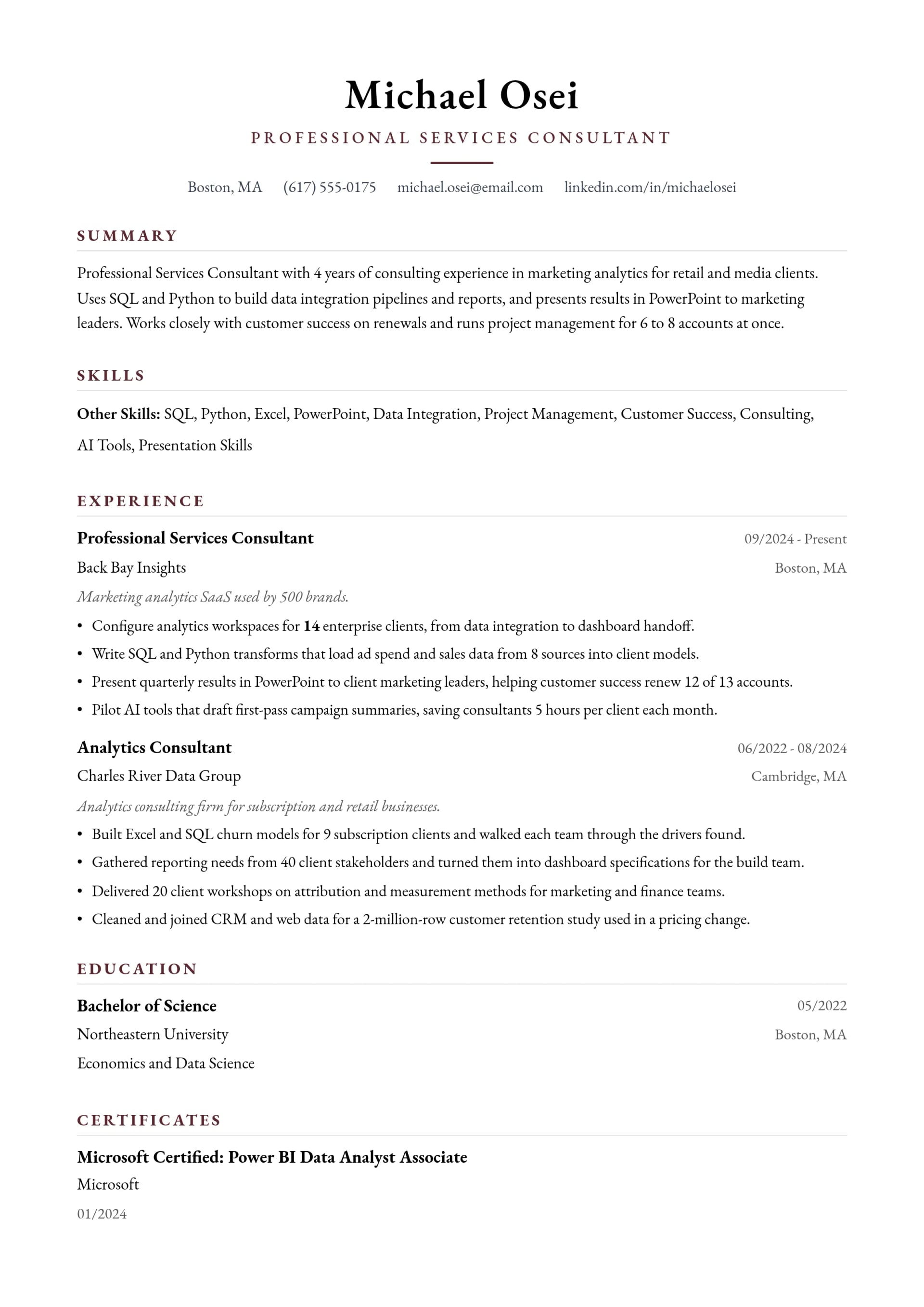 Professional Services Consultant resume example