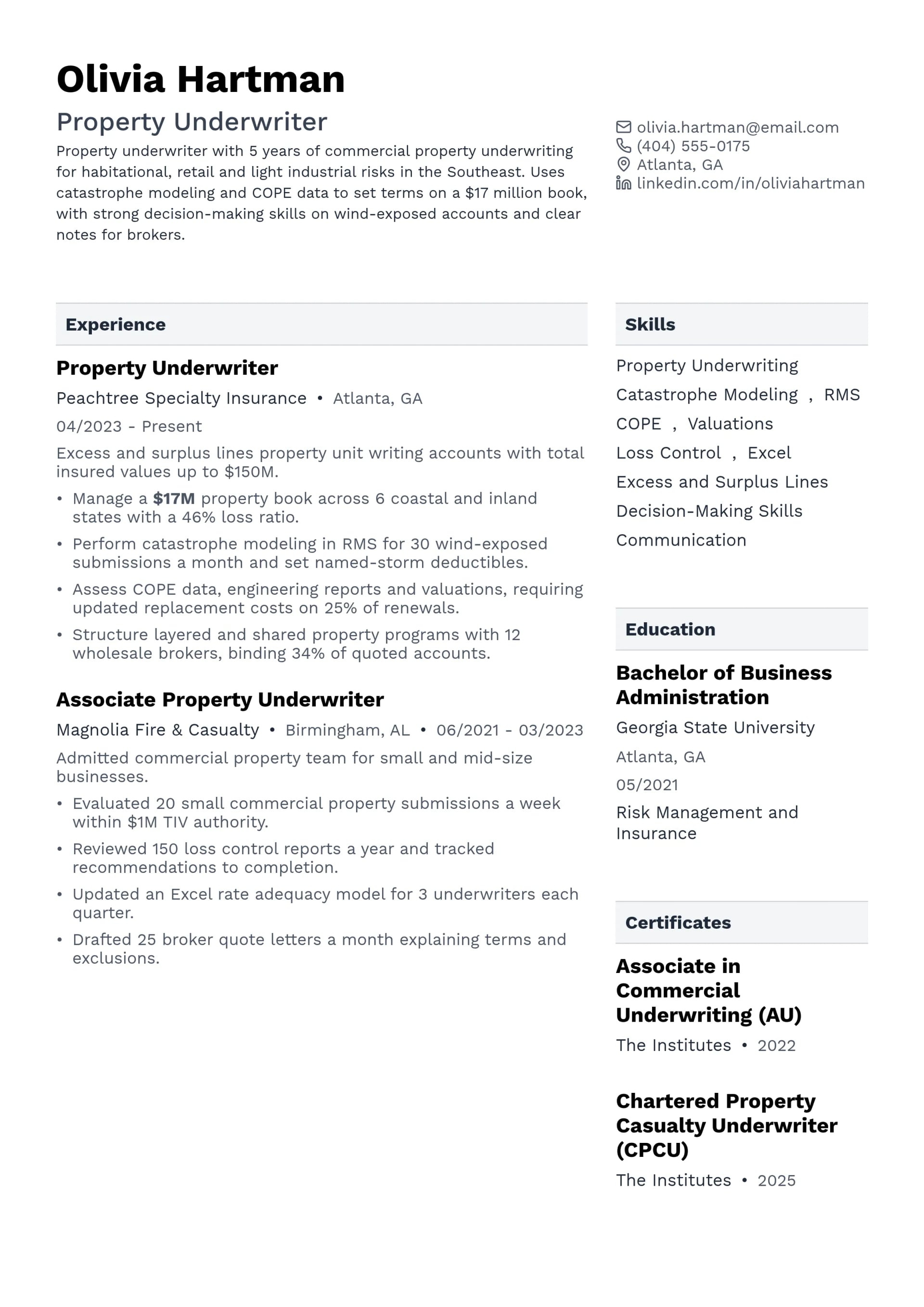 Property Underwriter resume example
