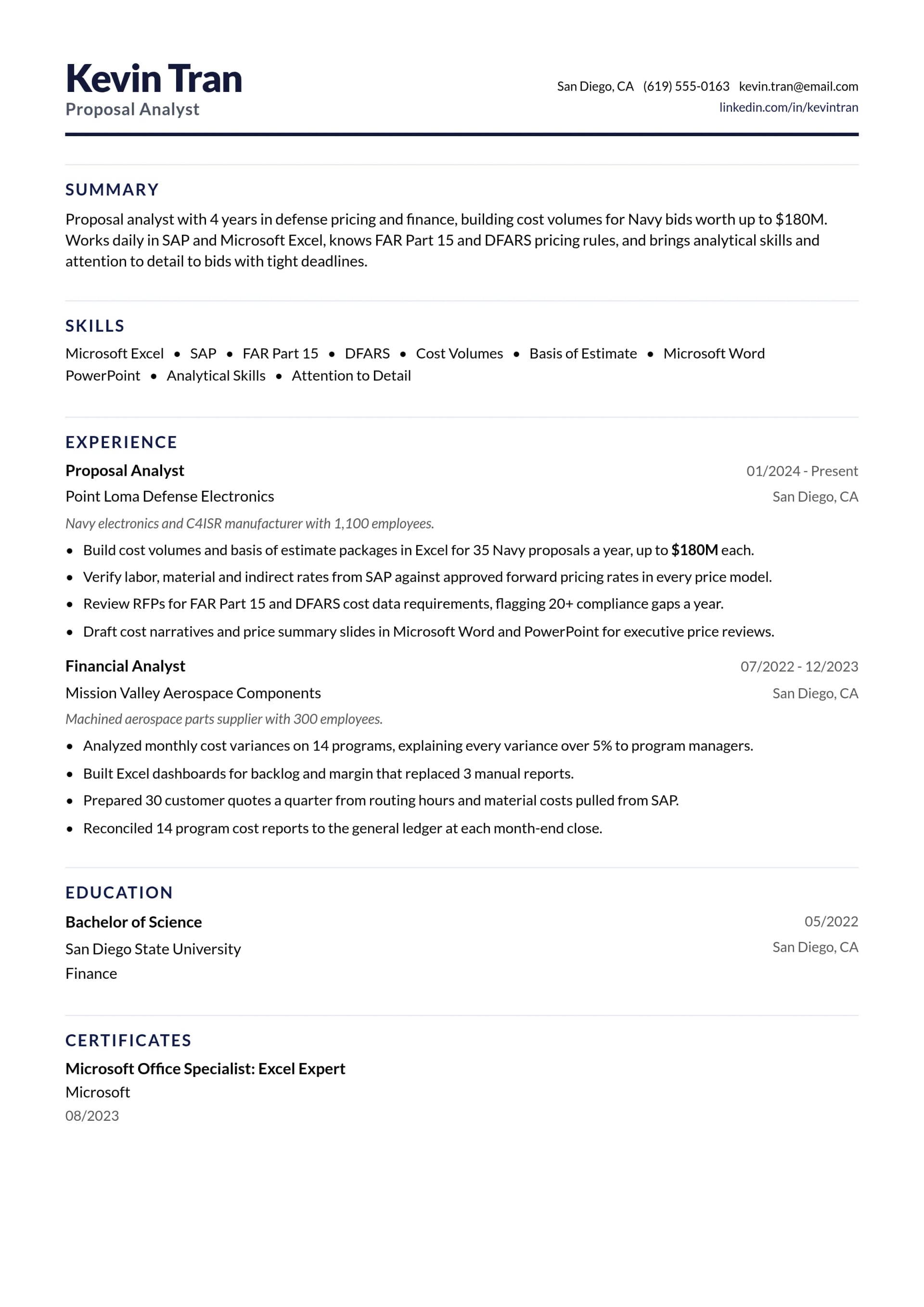 Proposal Analyst resume example