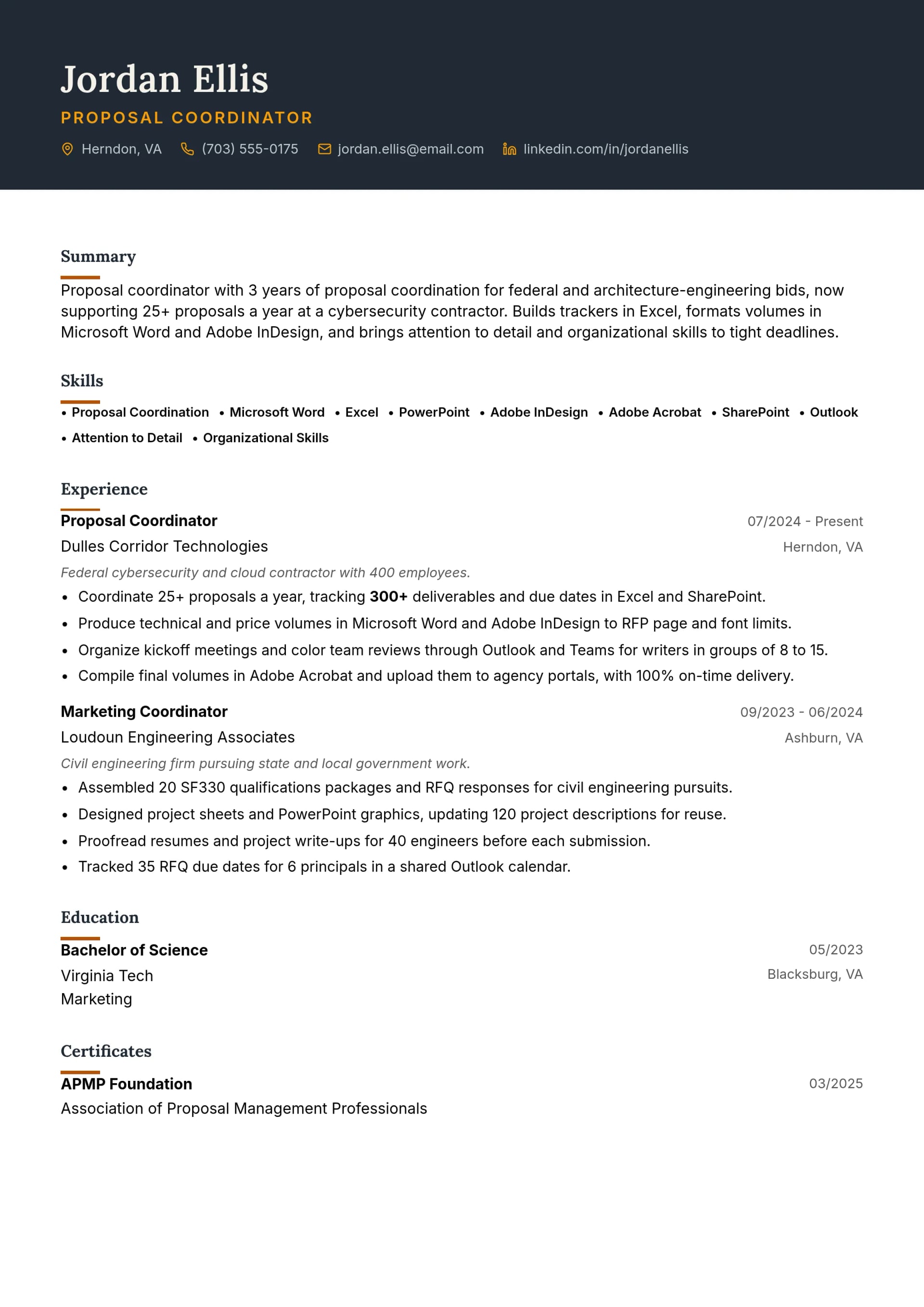 Proposal Coordinator resume example