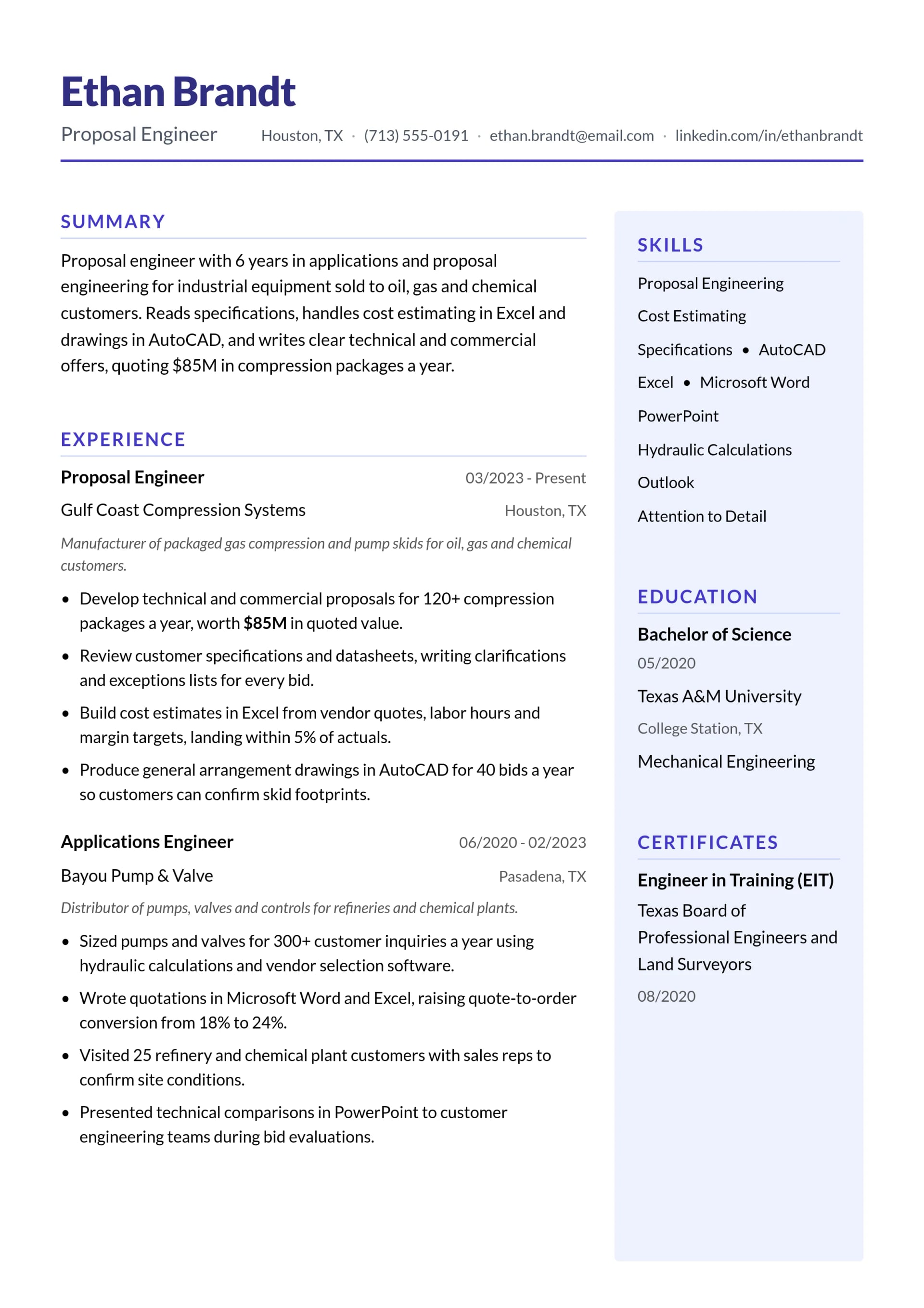 Proposal Engineer resume example