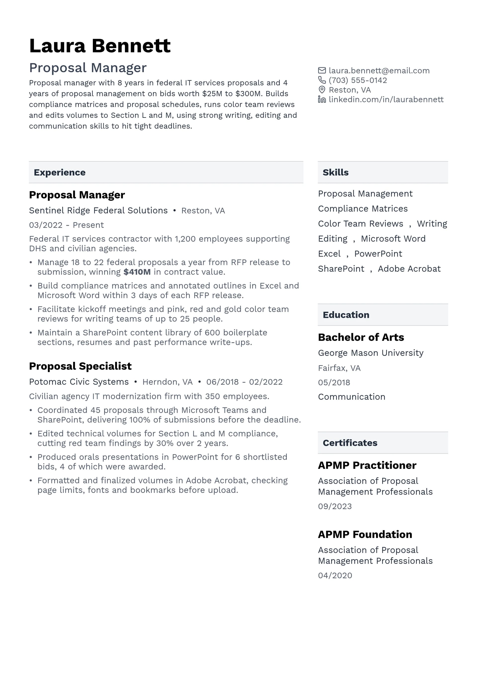 Proposal Manager resume example