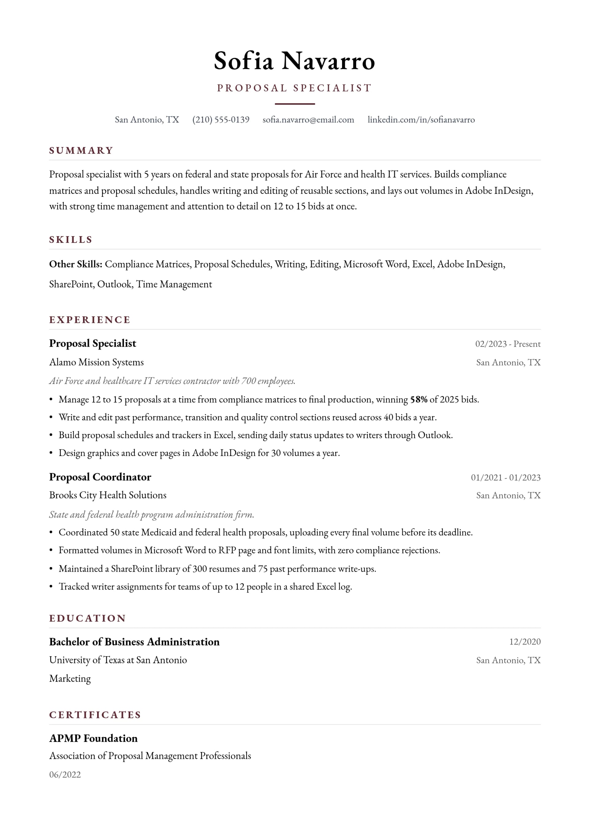 Proposal Specialist resume example