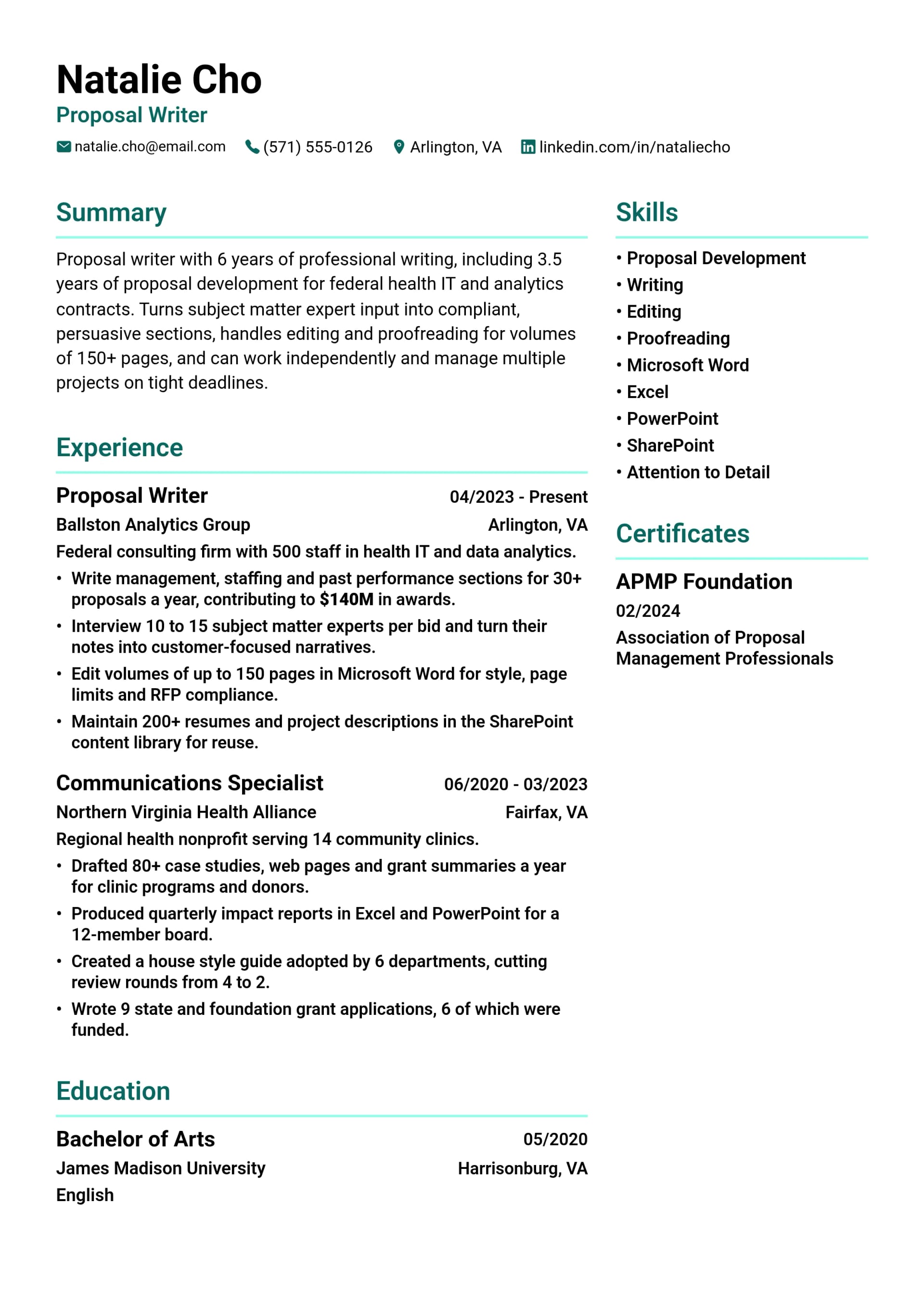 Proposal Writer resume example
