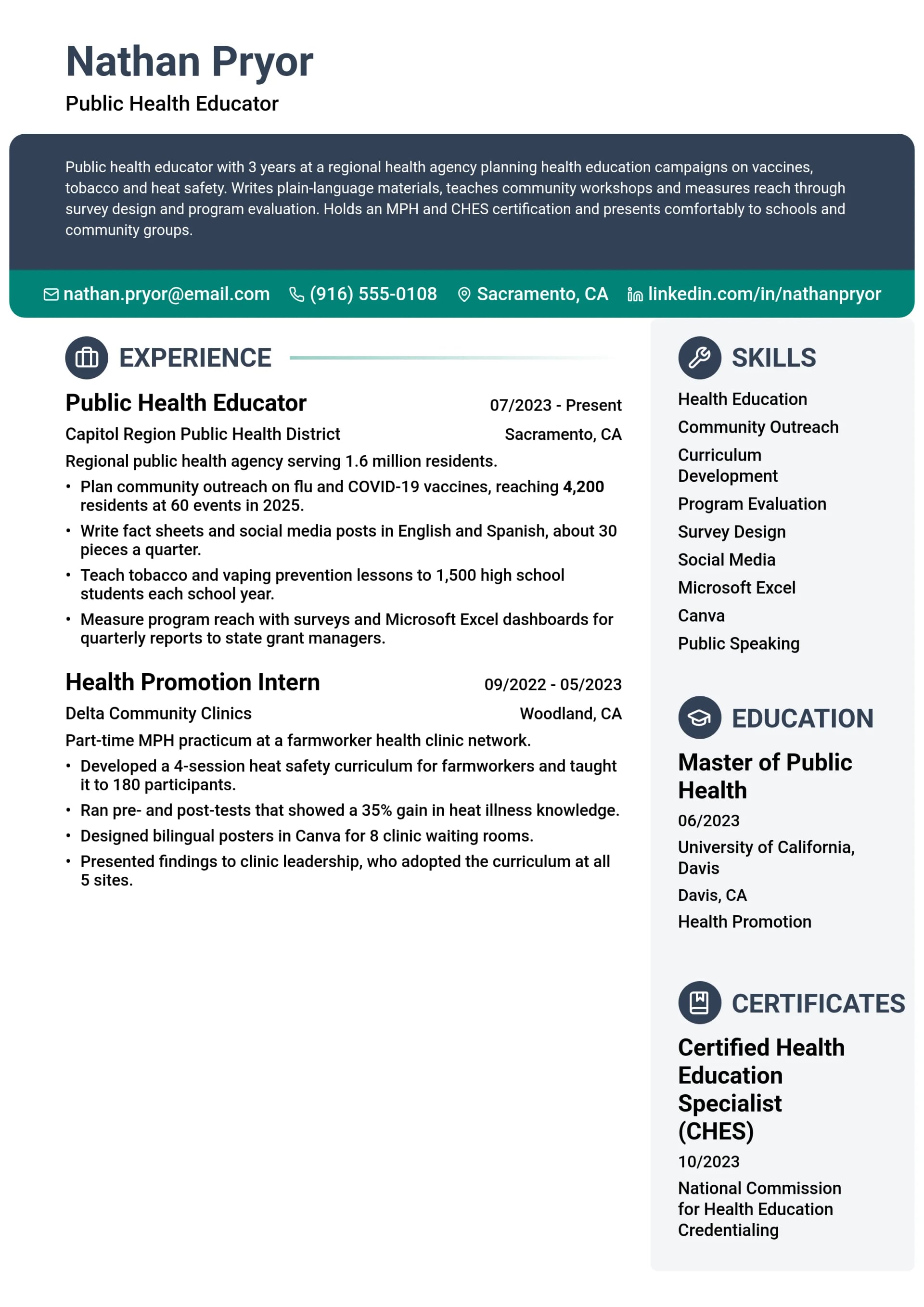 Public Health Educator resume example
