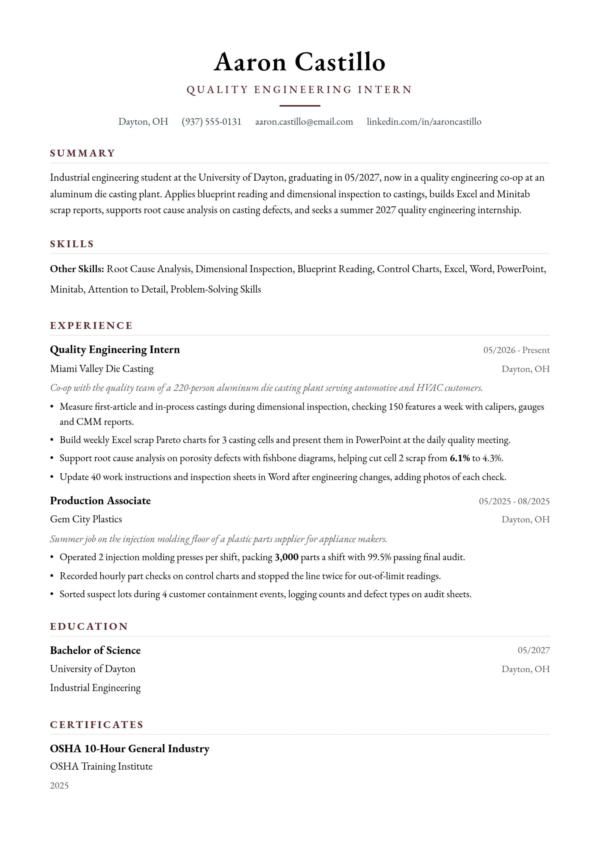 Quality Engineering Intern resume example