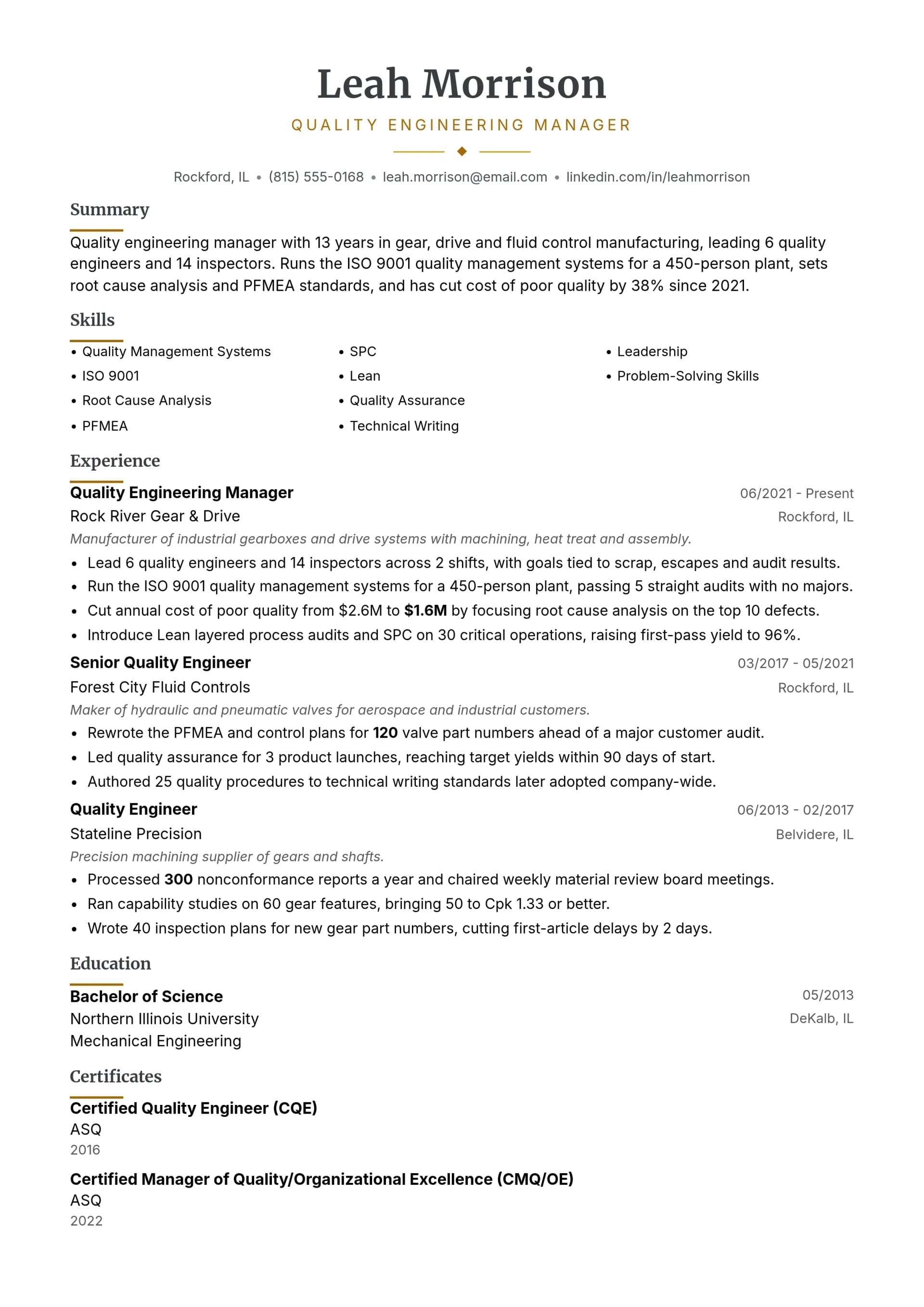 Quality Engineering Manager resume example