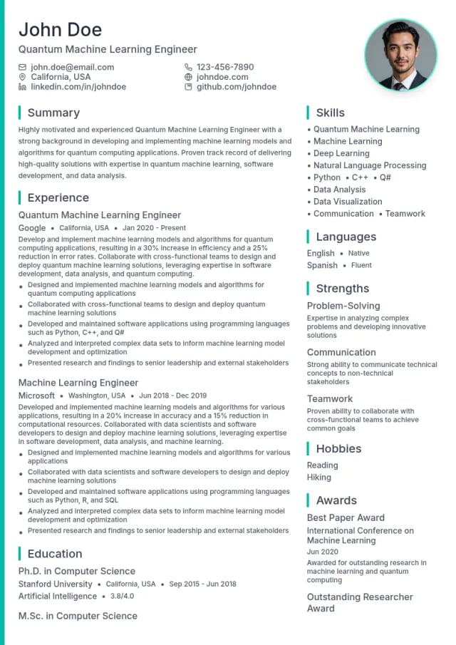 Quantum Machine Learning Engineer resume example
