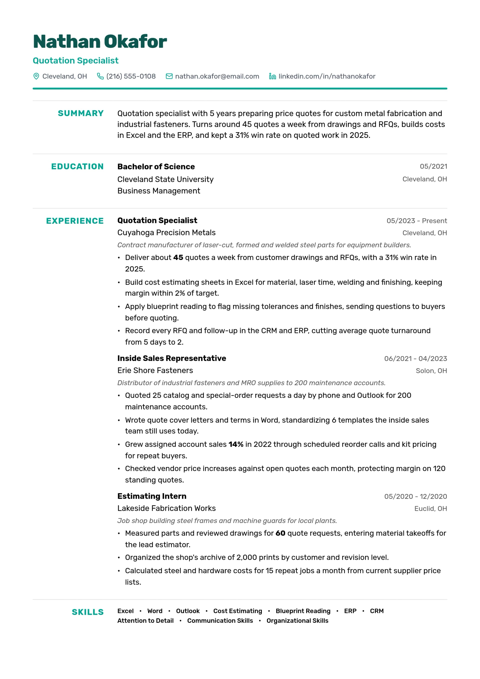 Quotation Specialist resume example