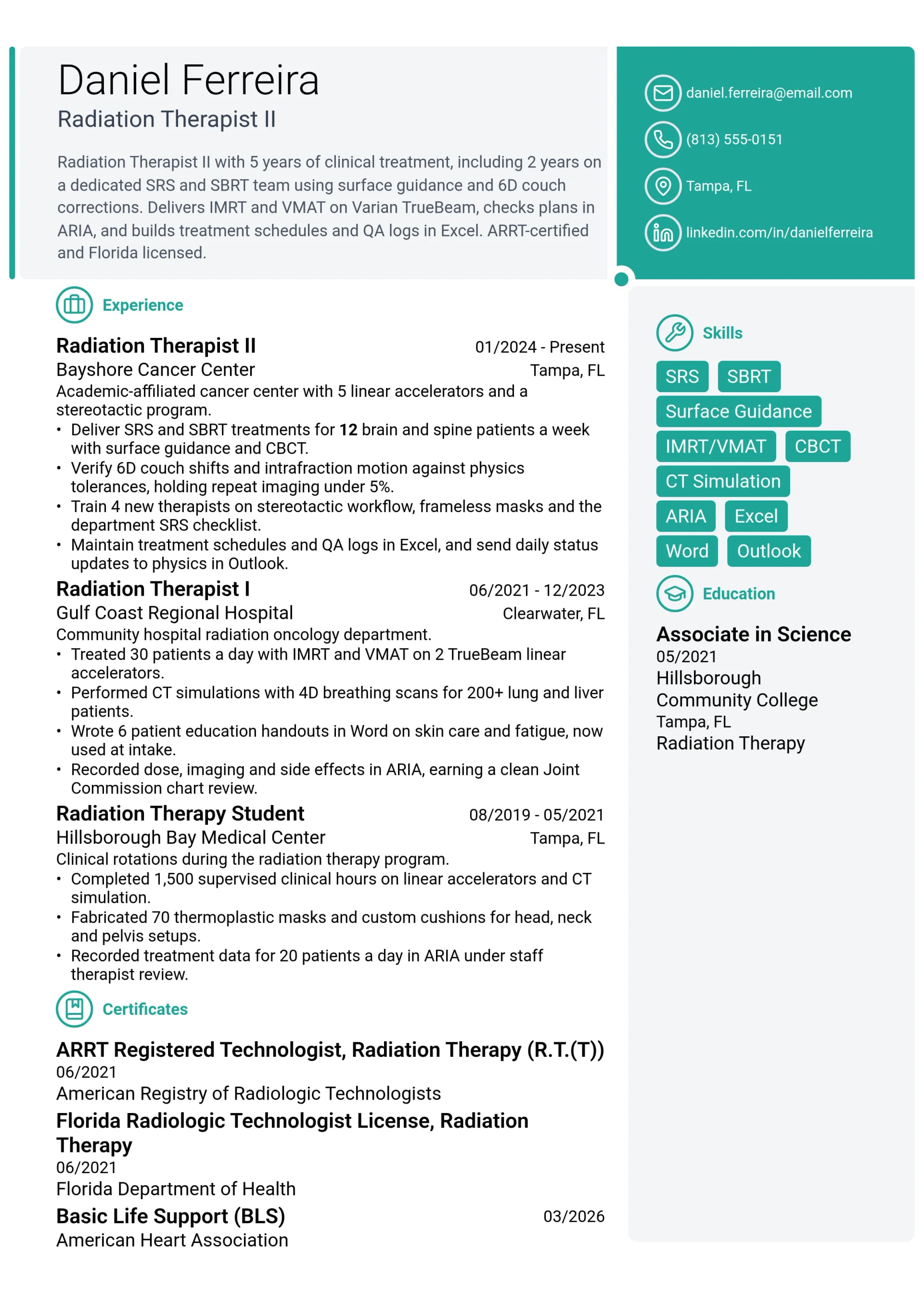 Radiation Therapist II resume example