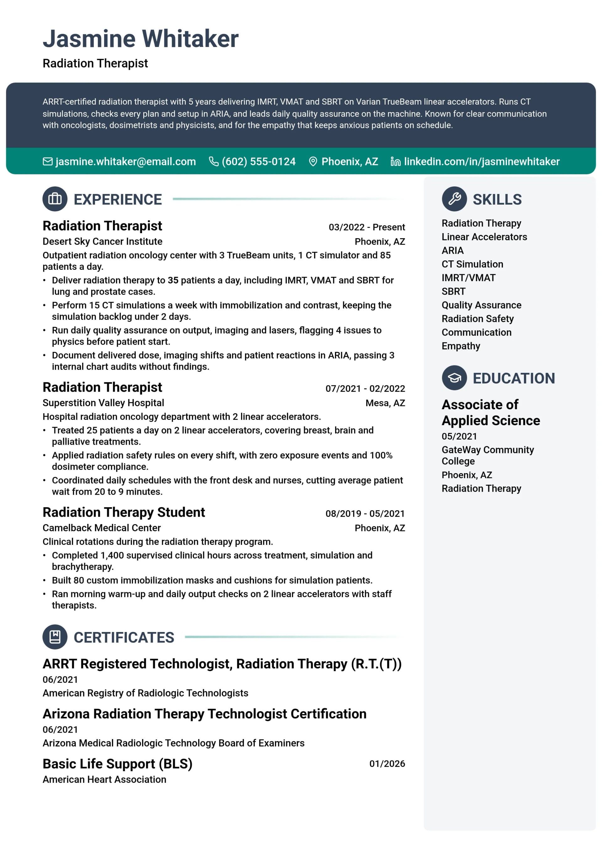 Radiation Therapist resume example