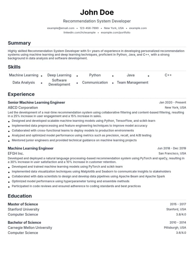 Recommendation System Developer resume example