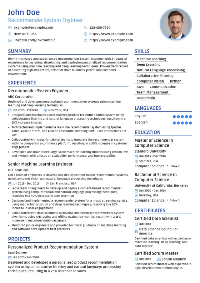 Recommender System Engineer resume example