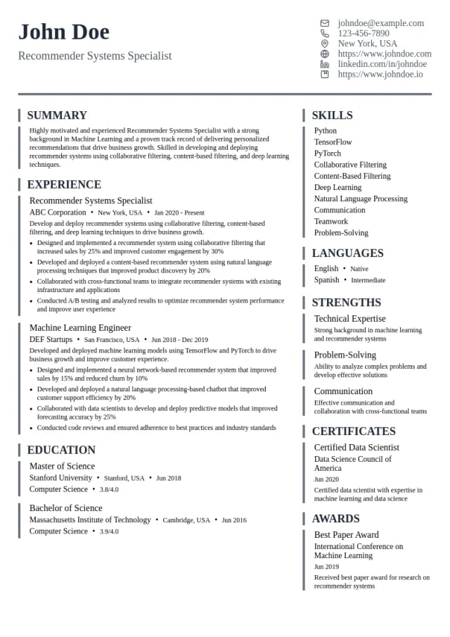 Recommender Systems Specialist resume example