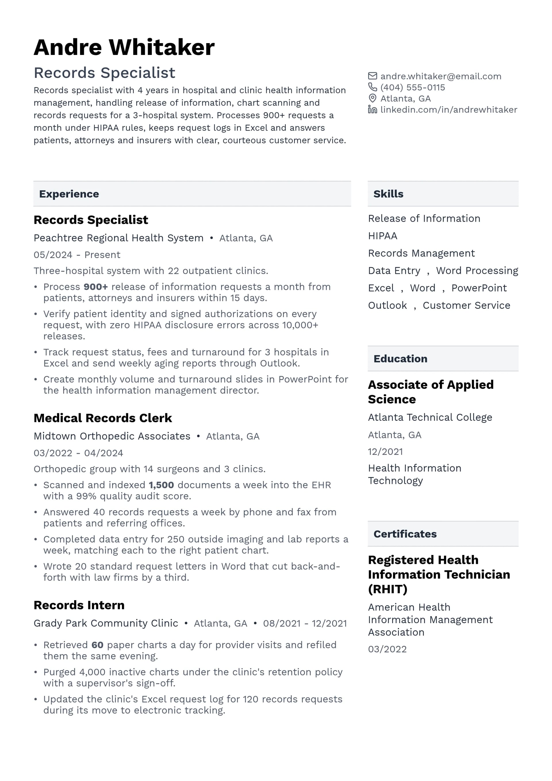 Records Specialist resume example