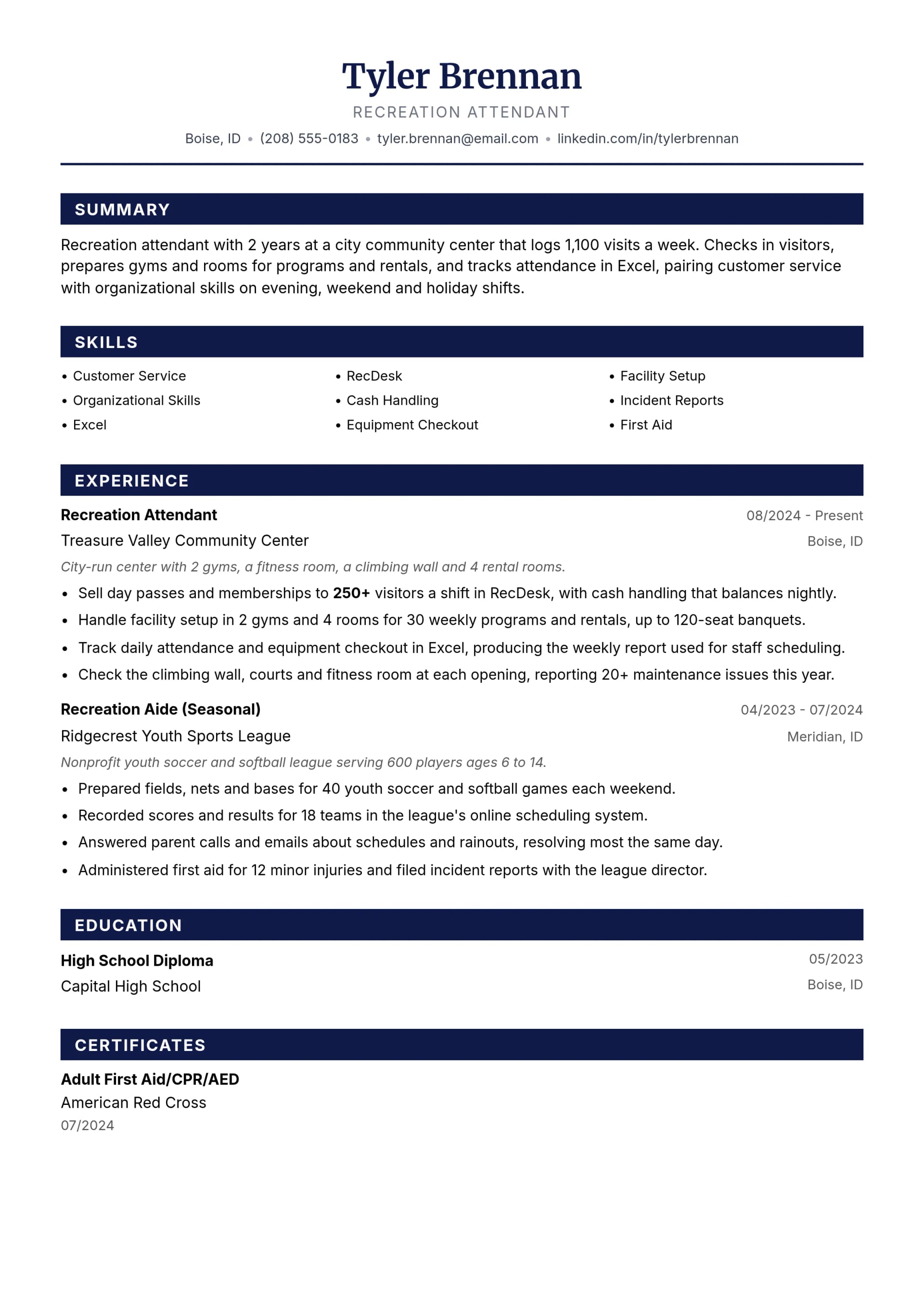 Recreation Attendant resume example