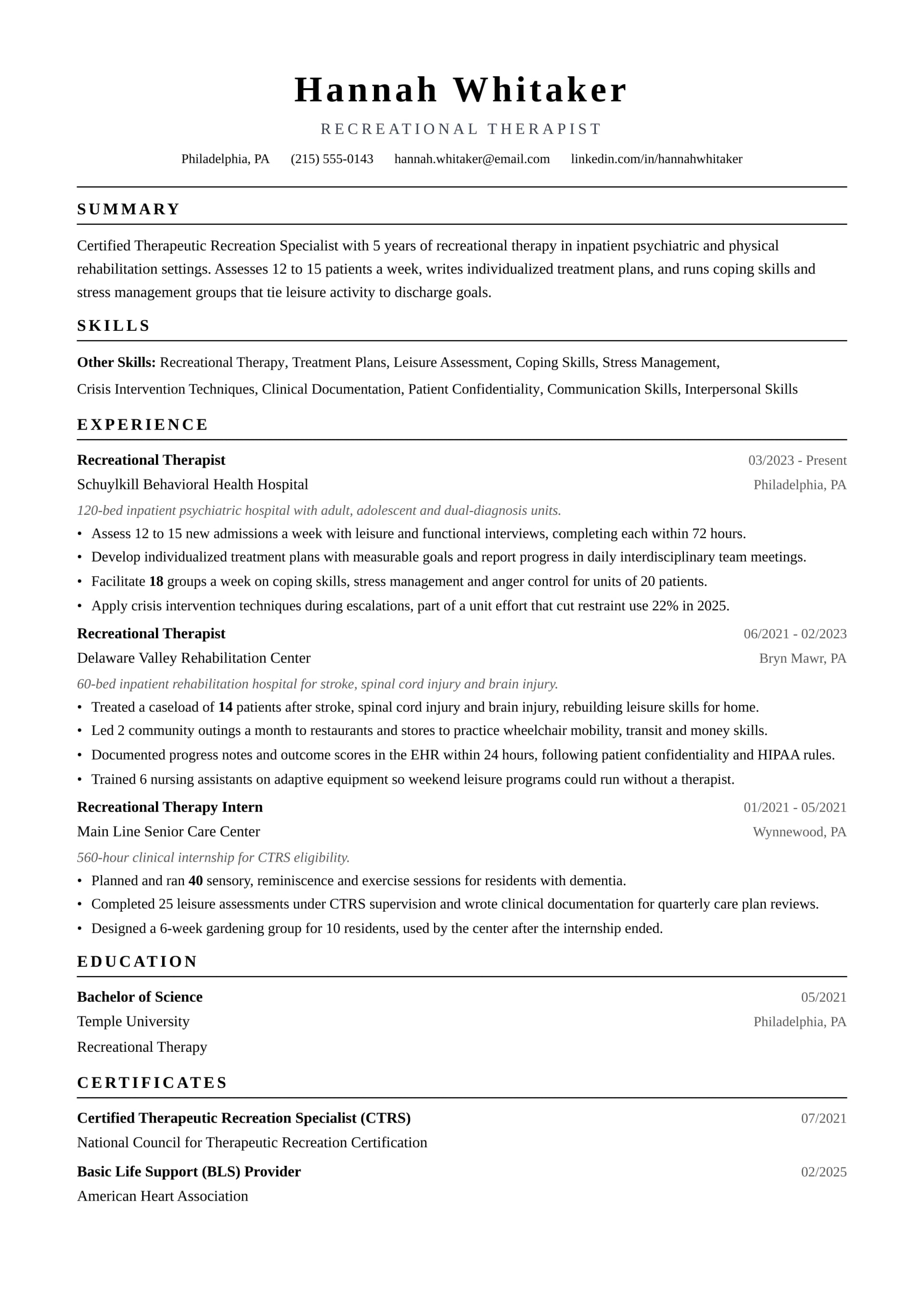 Recreational Therapist resume example