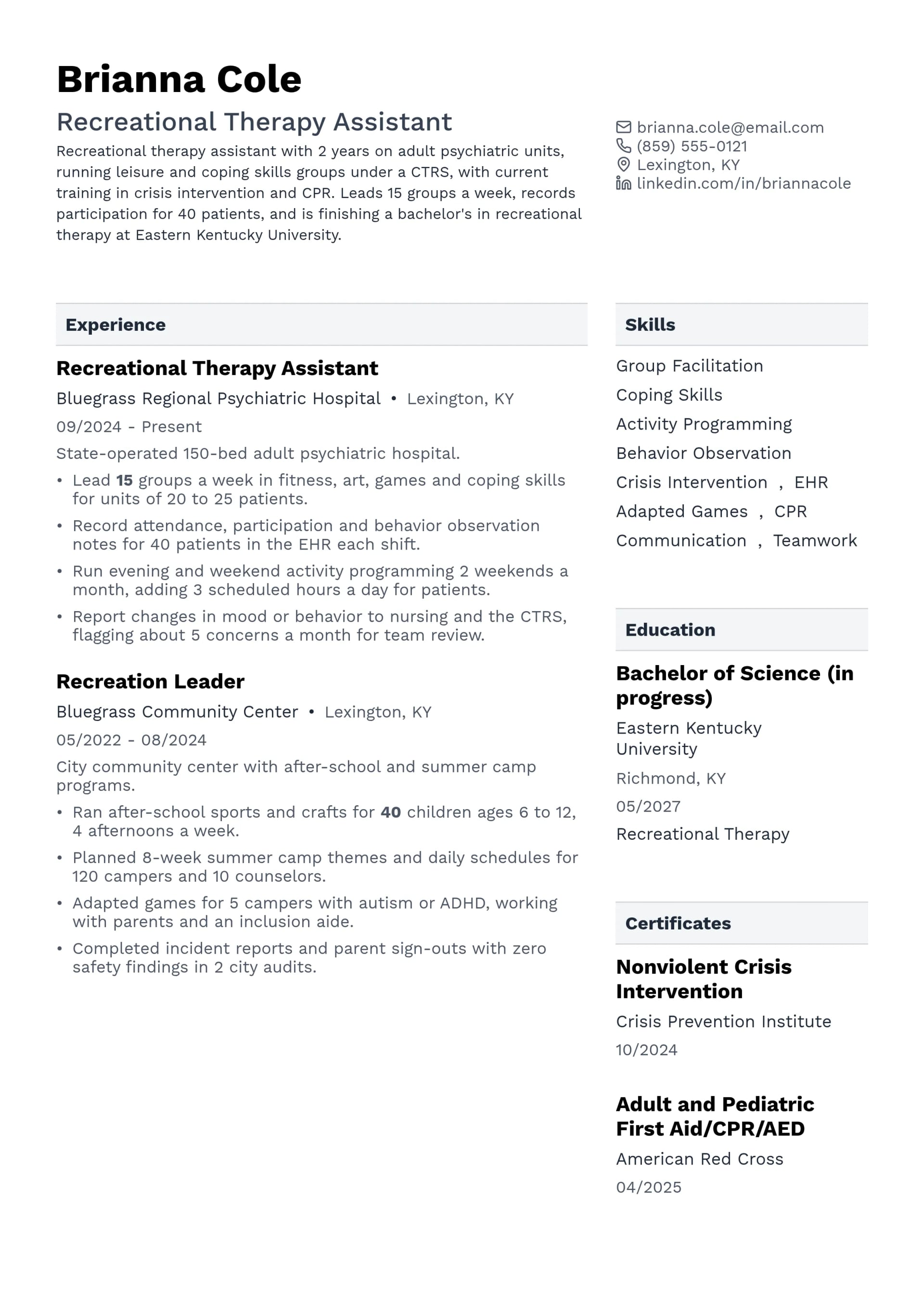 Recreational Therapy Assistant resume example