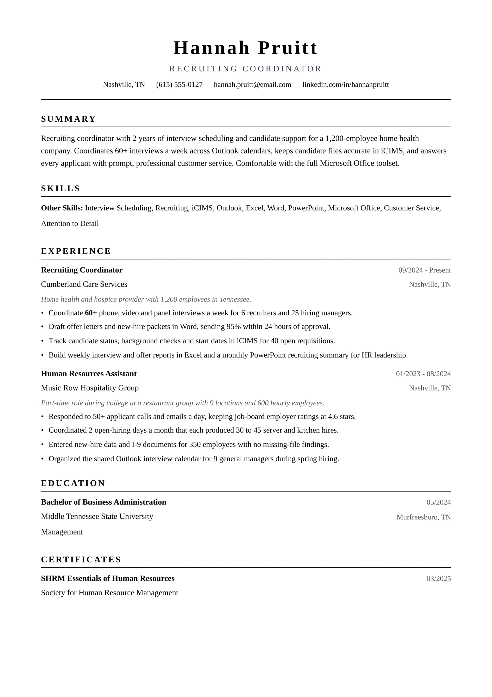 Recruiting Coordinator resume example