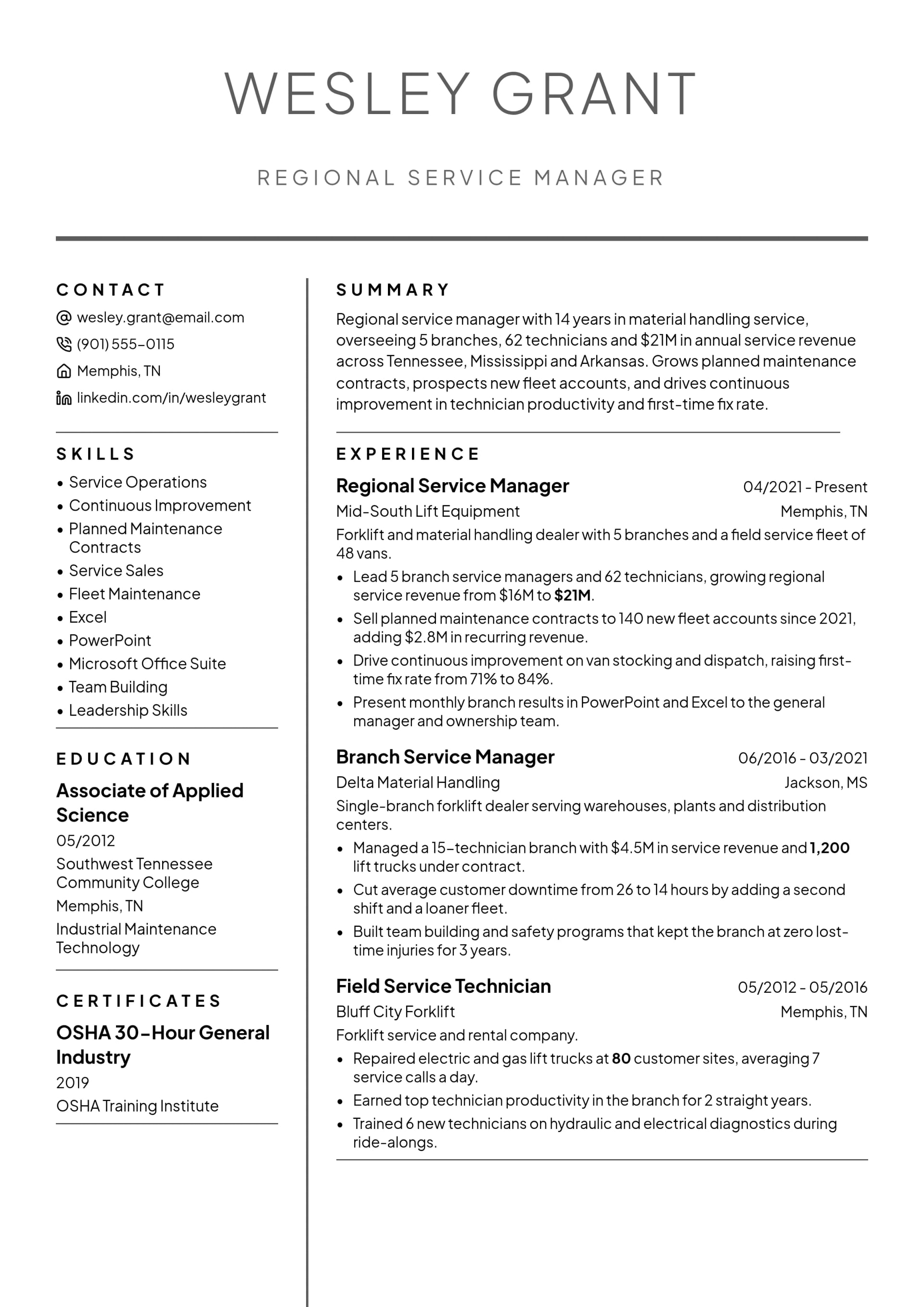 Regional Service Manager resume example