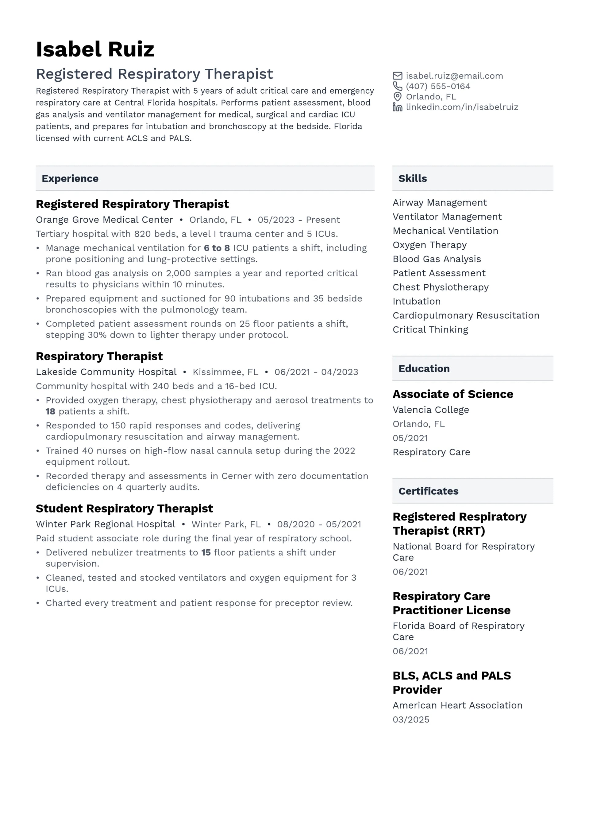Registered Respiratory Therapist resume example