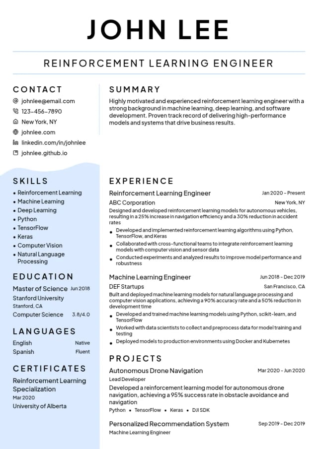 Reinforcement Learning Engineer resume example