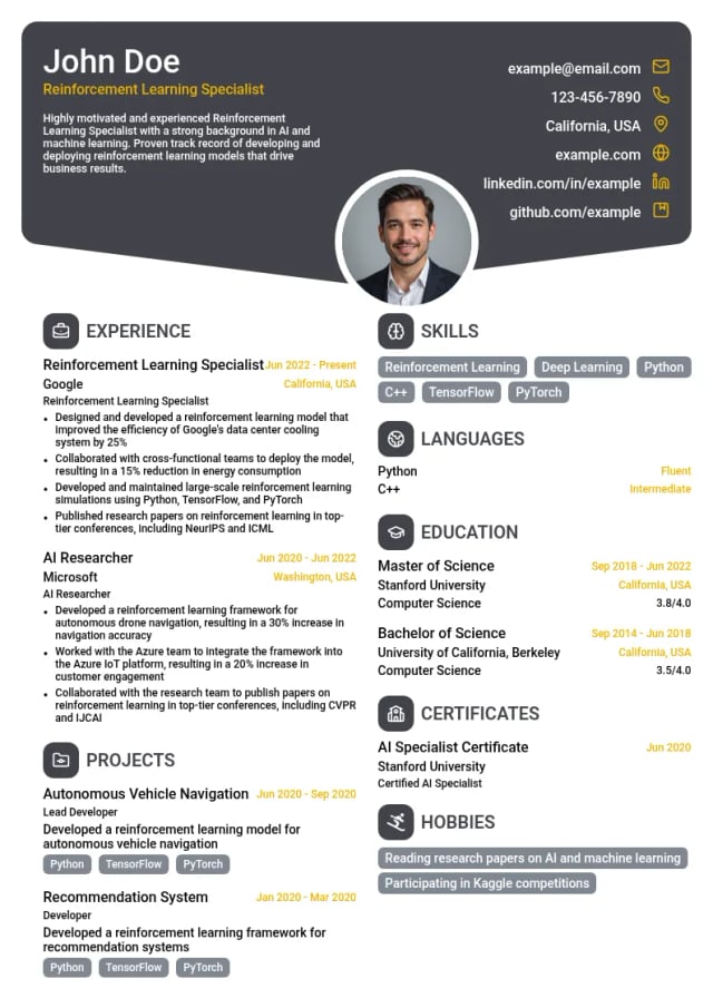 Reinforcement Learning Specialist resume example