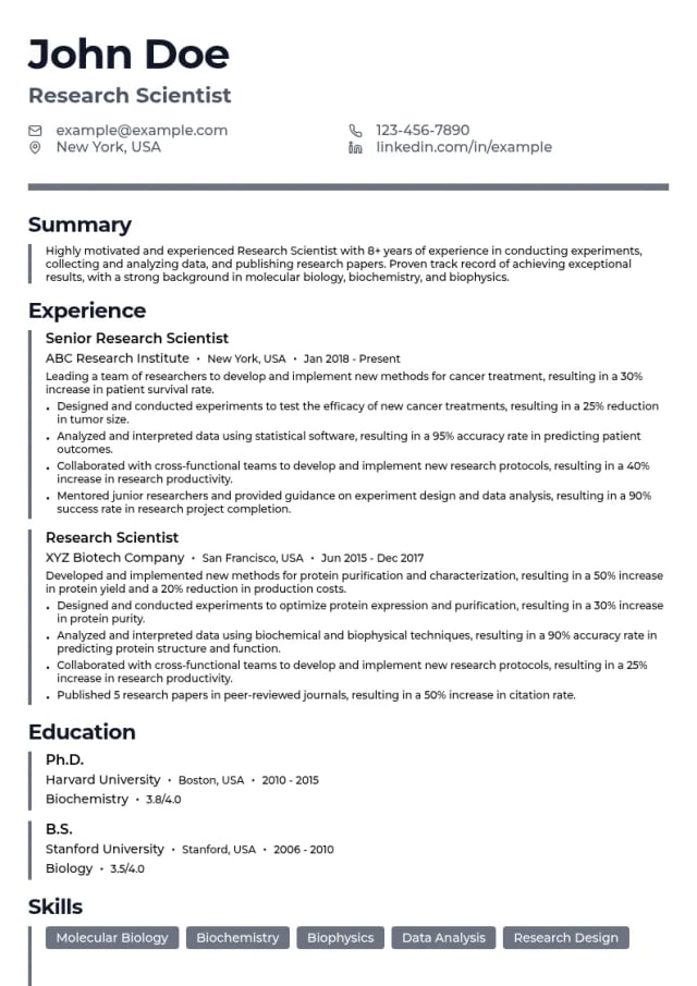 Research Scientist resume example