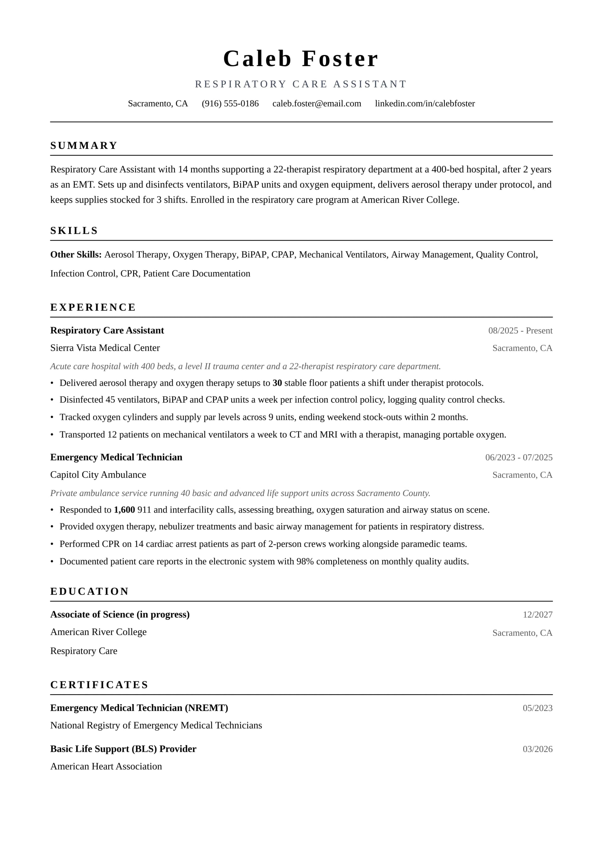 Respiratory Care Assistant resume example
