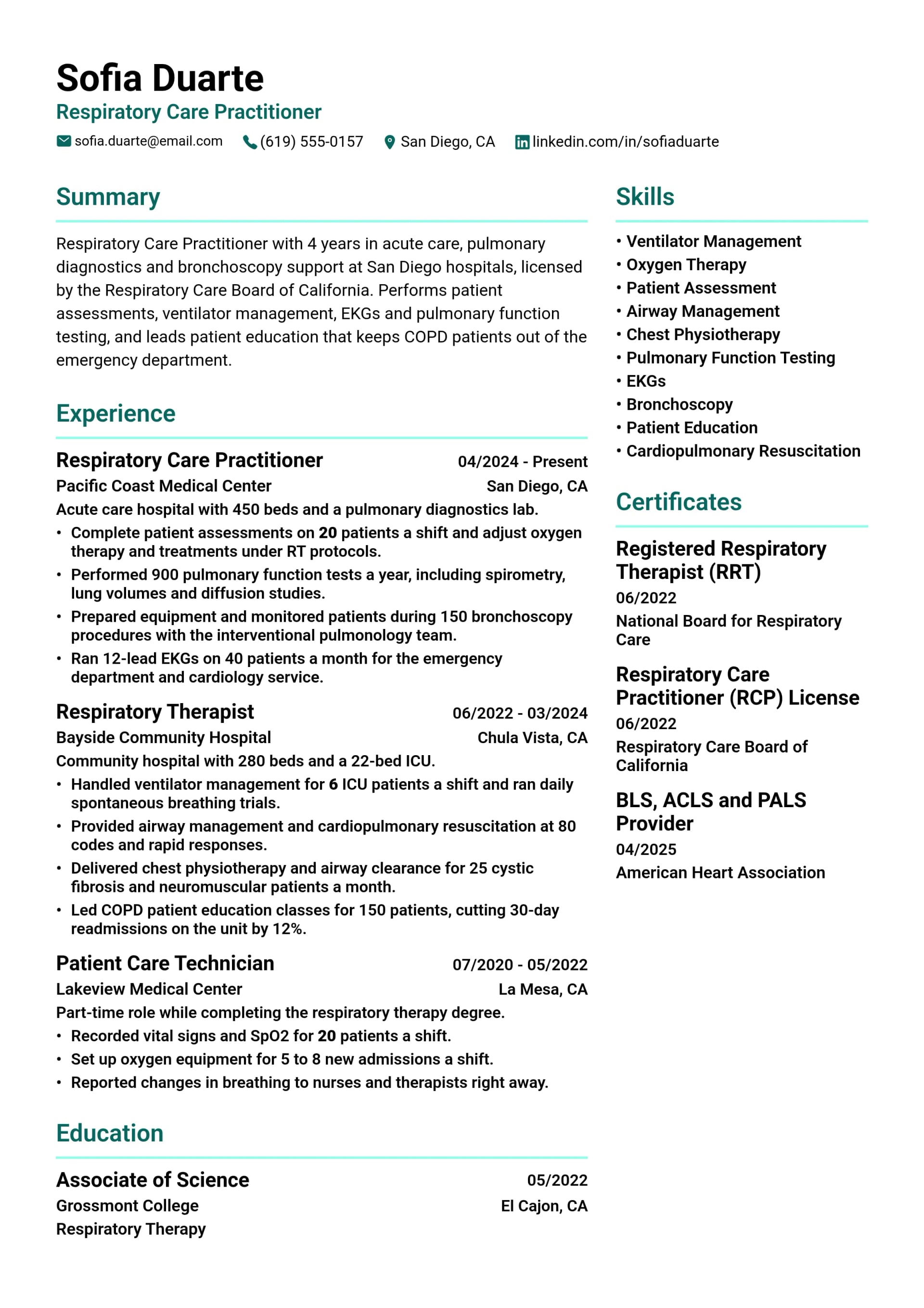 Respiratory Care Practitioner resume example