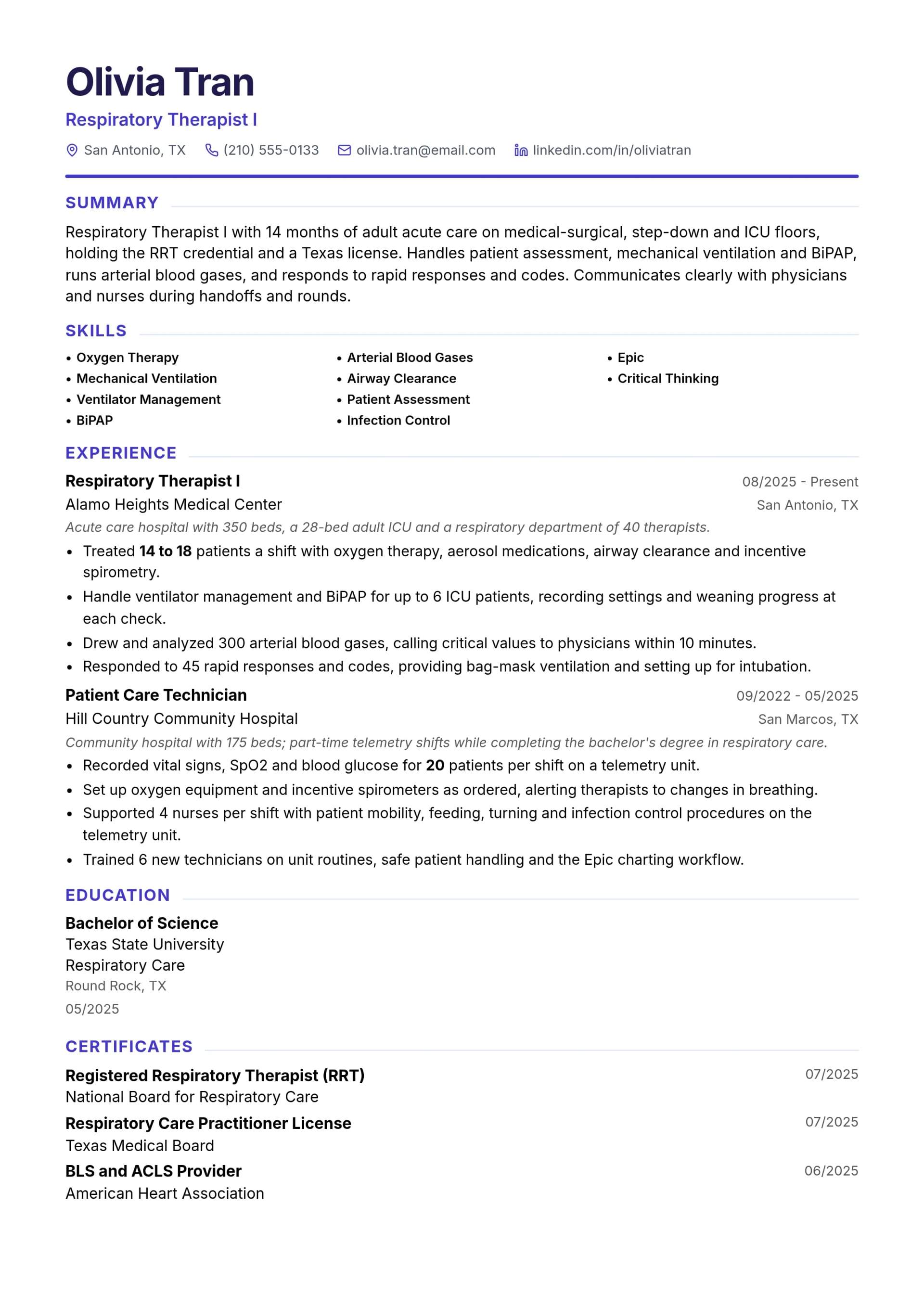 Respiratory Therapist I resume example