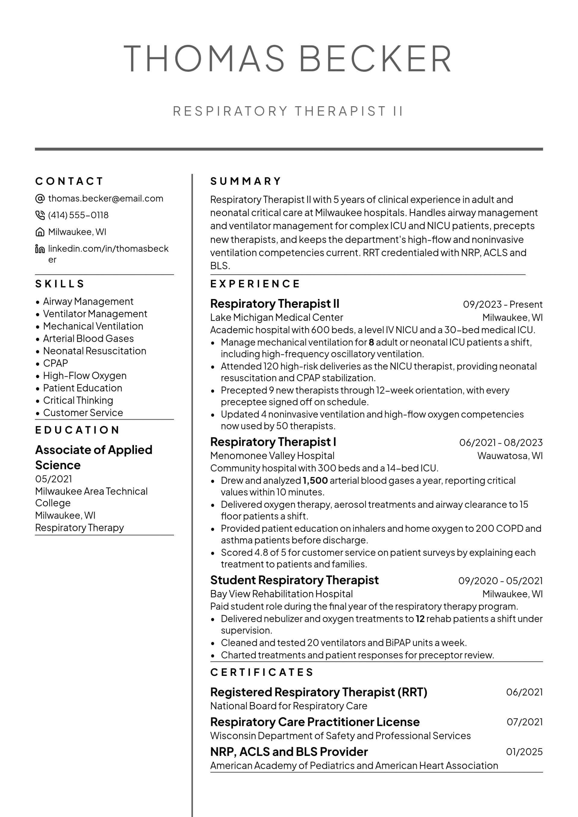 Respiratory Therapist II resume example