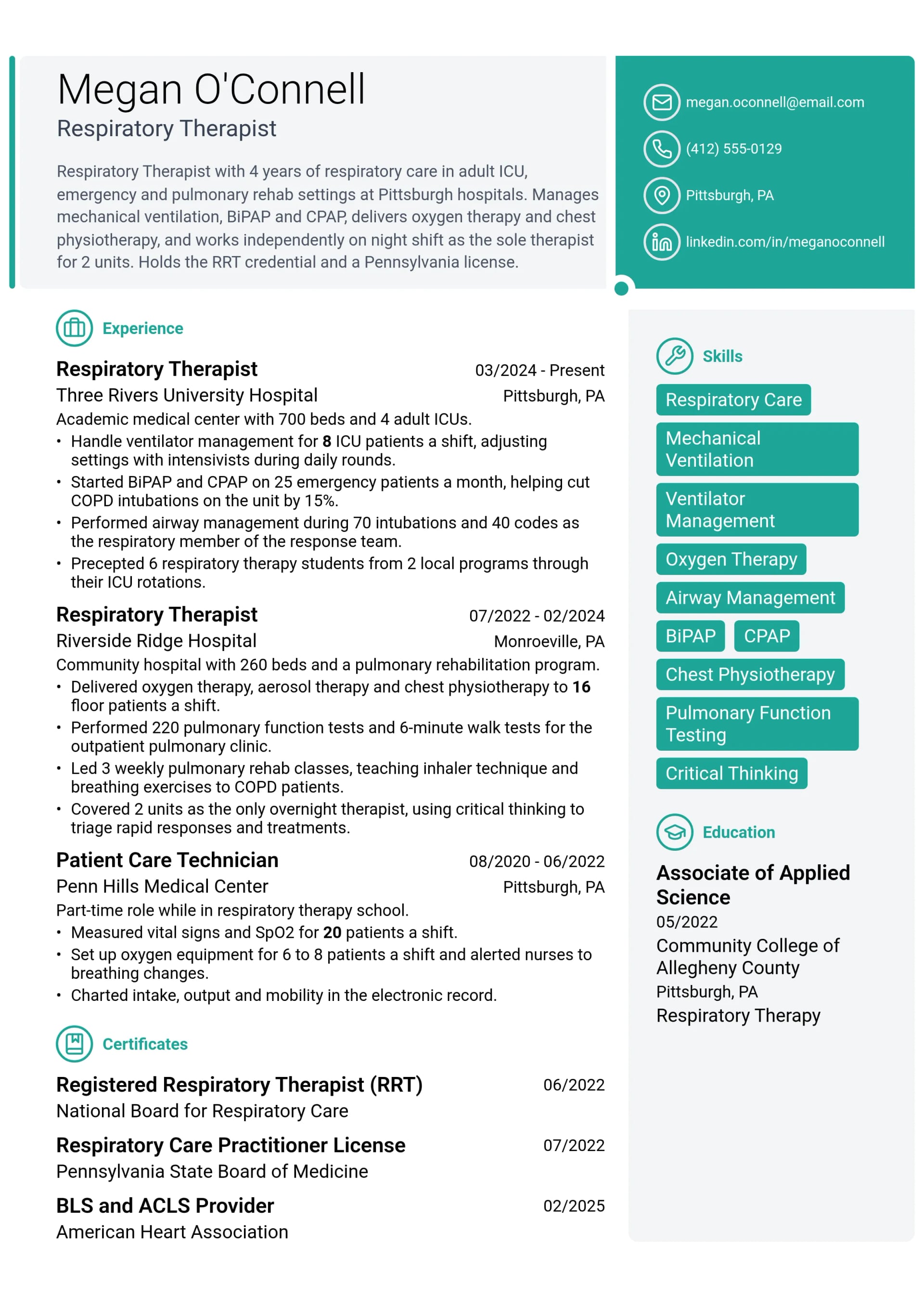 Respiratory Therapist resume example