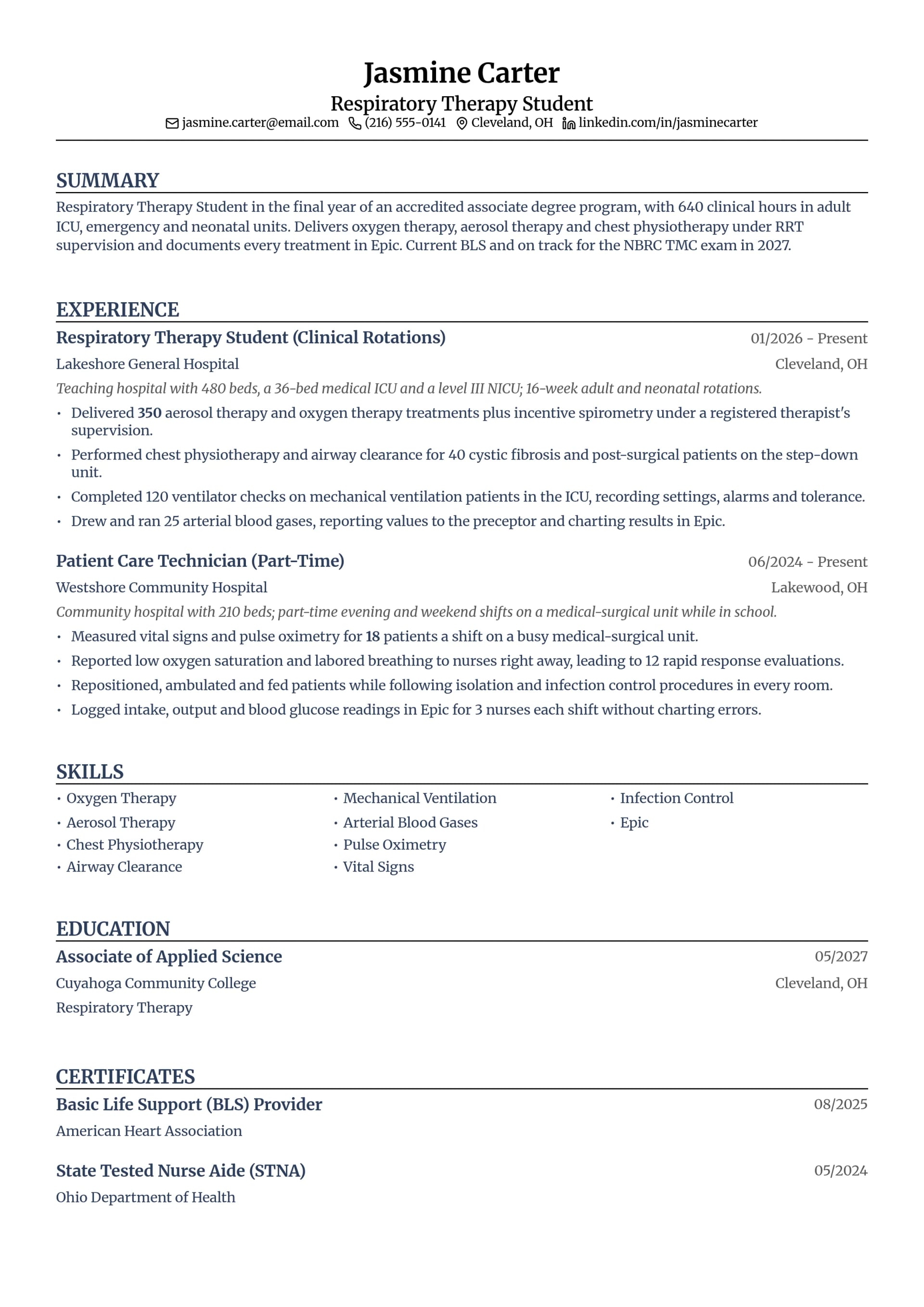 Respiratory Therapy Student resume example