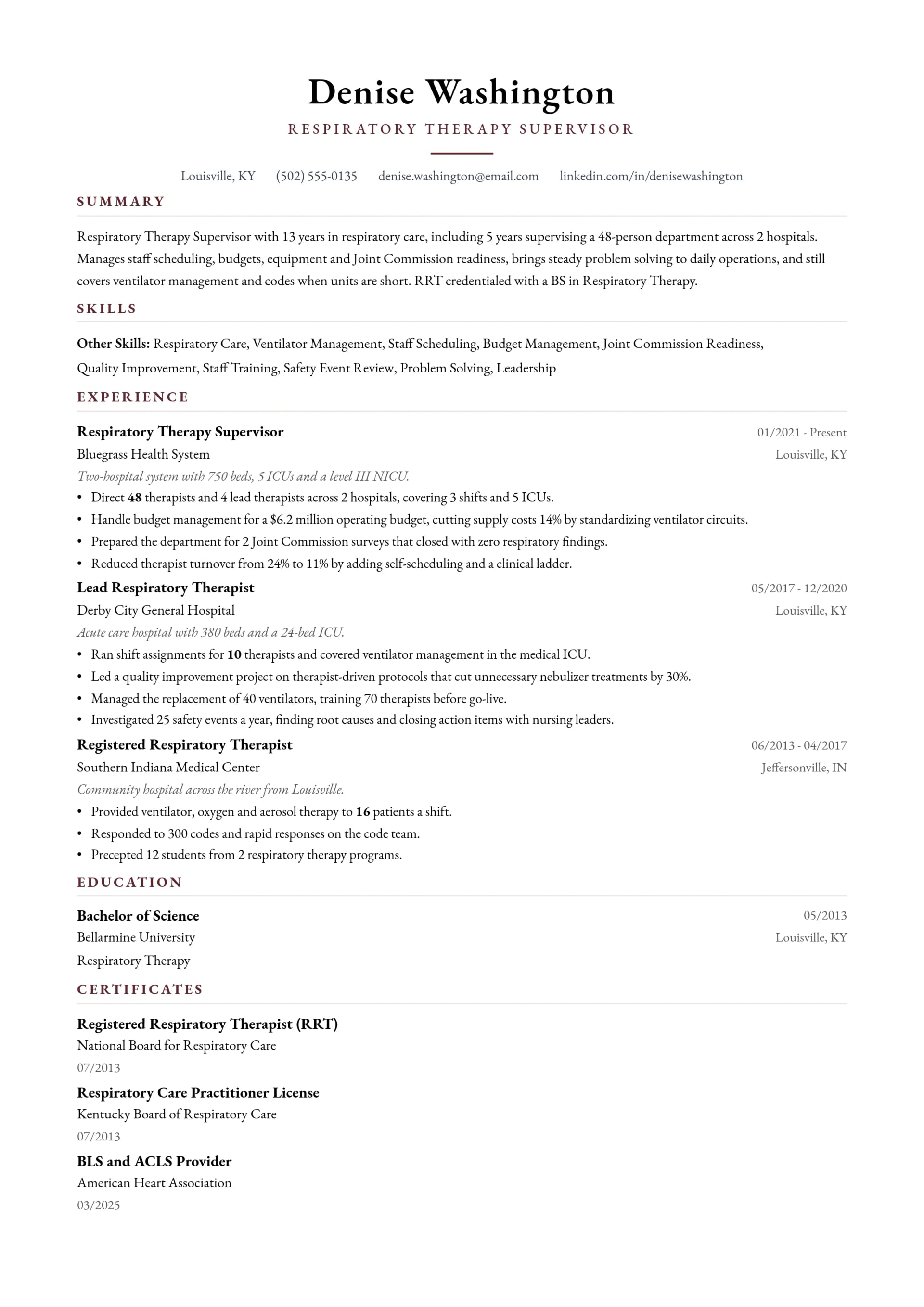 Respiratory Therapy Supervisor resume example