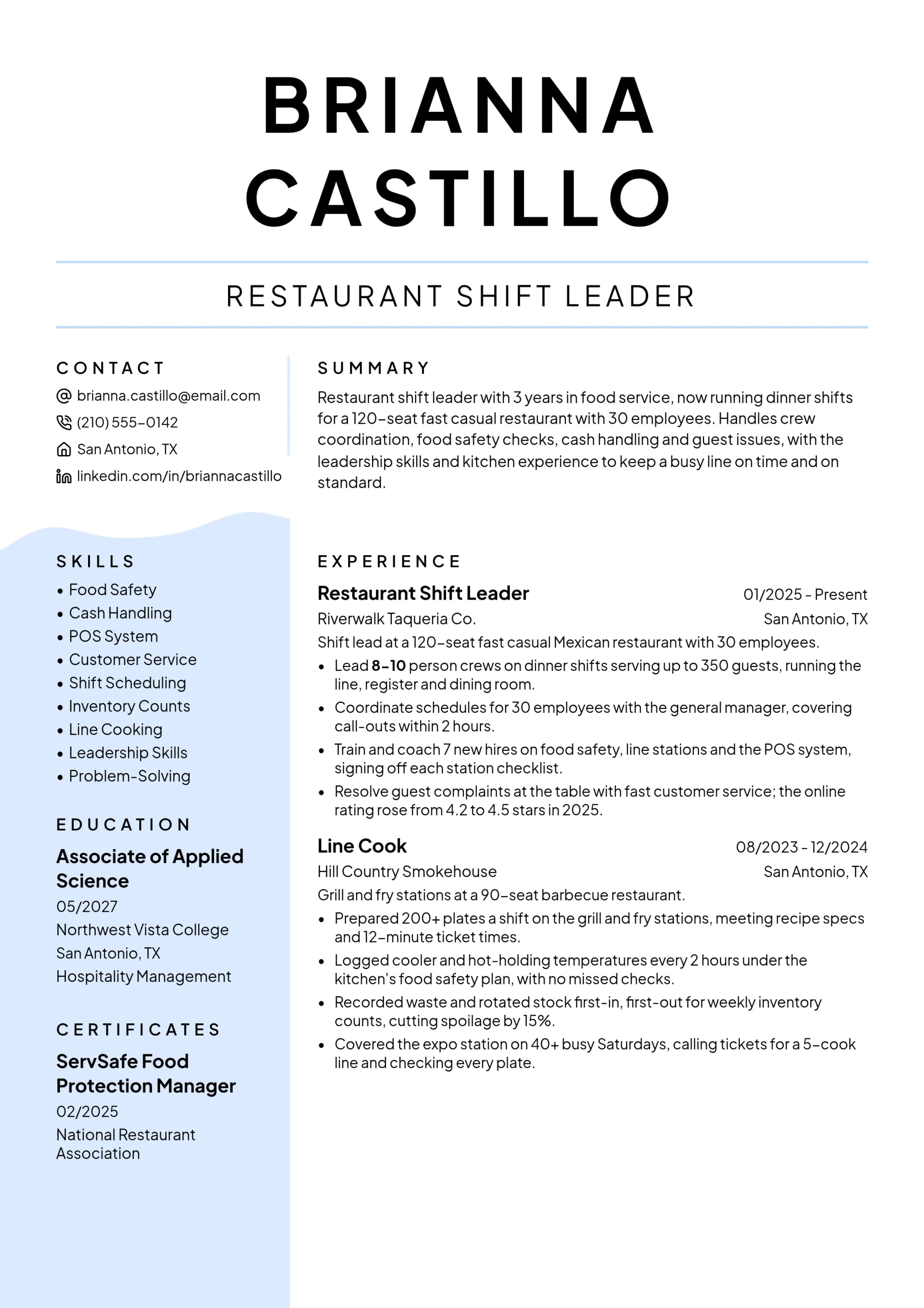 Restaurant Shift Leader resume example