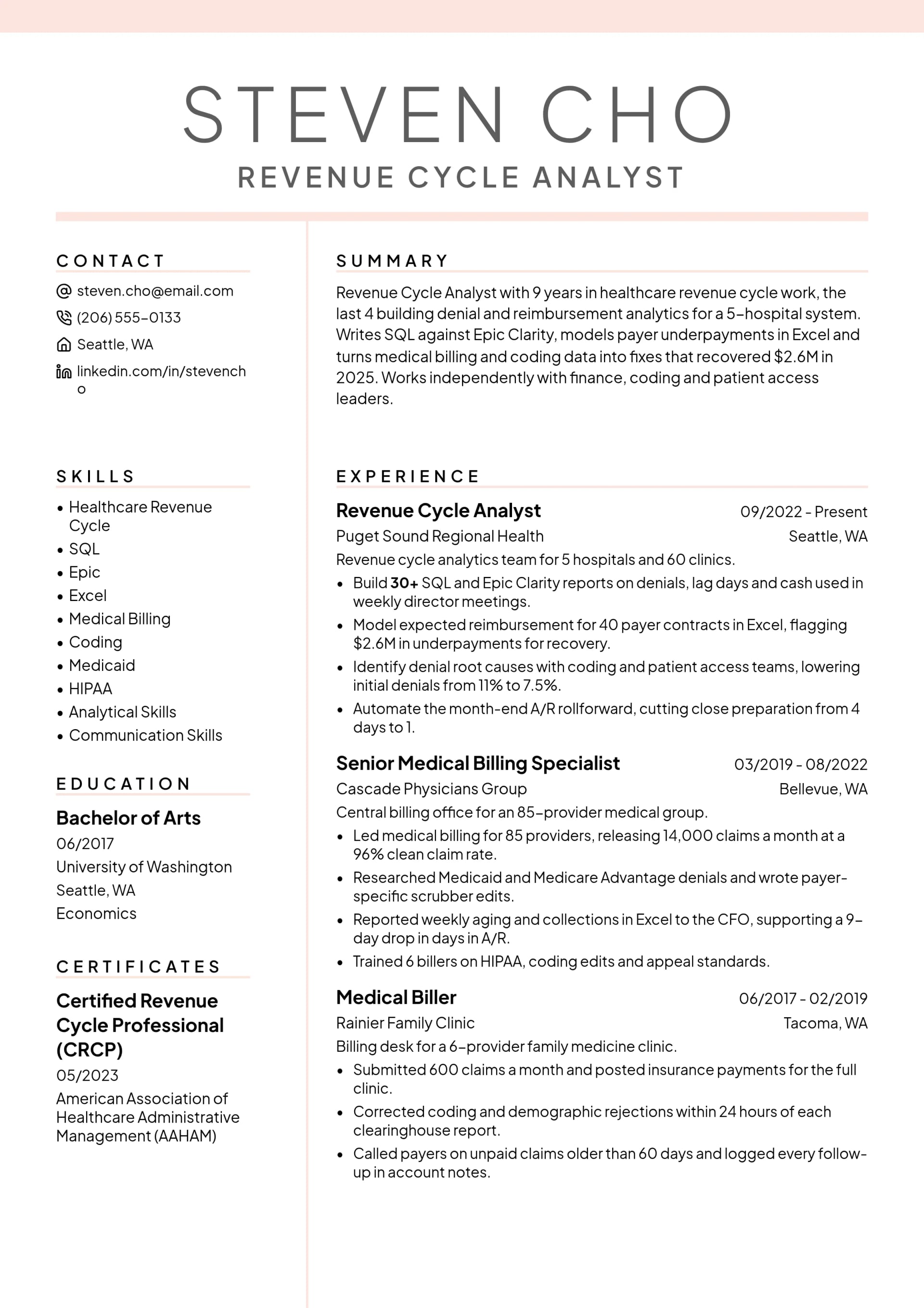 Revenue Cycle Analyst resume example