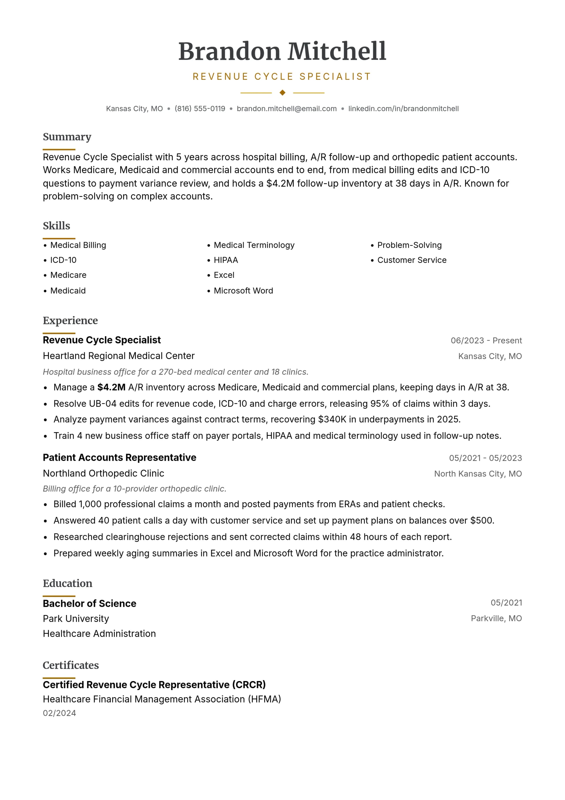 Revenue Cycle Specialist resume example