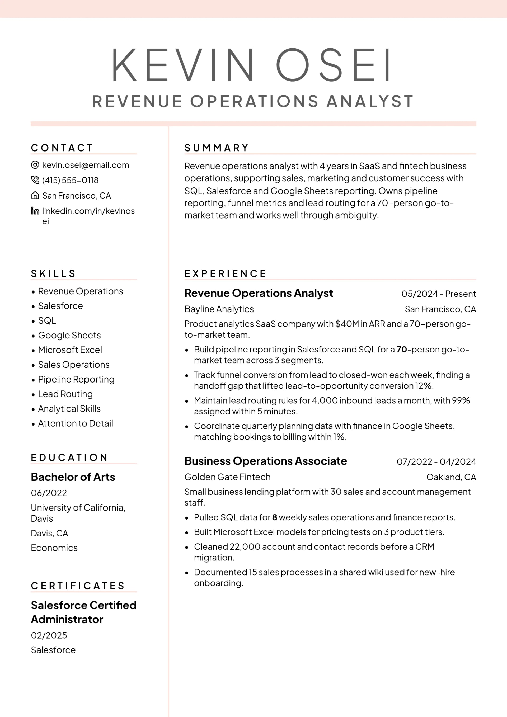 Revenue Operations Analyst resume example