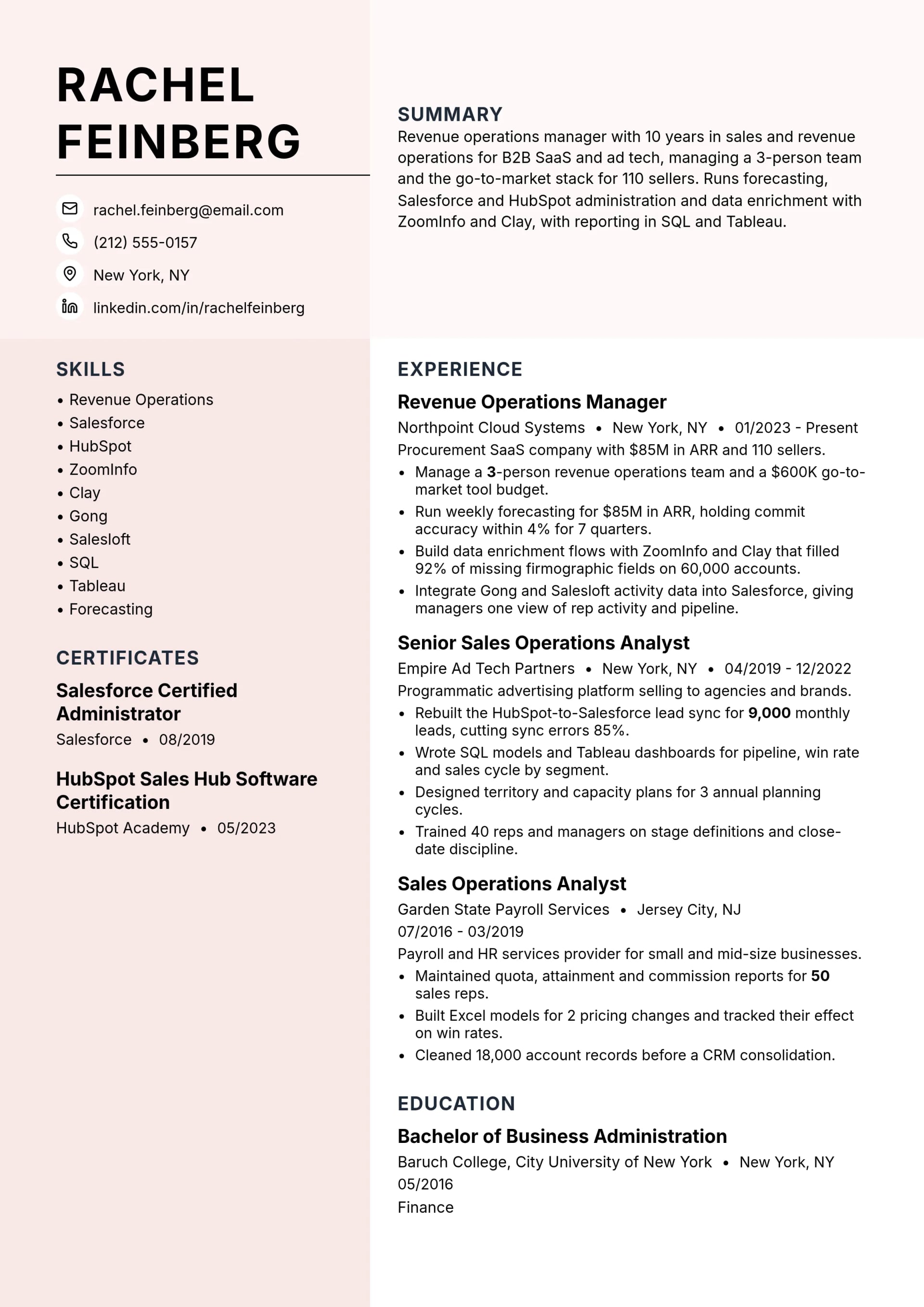 Revenue Operations Manager resume example