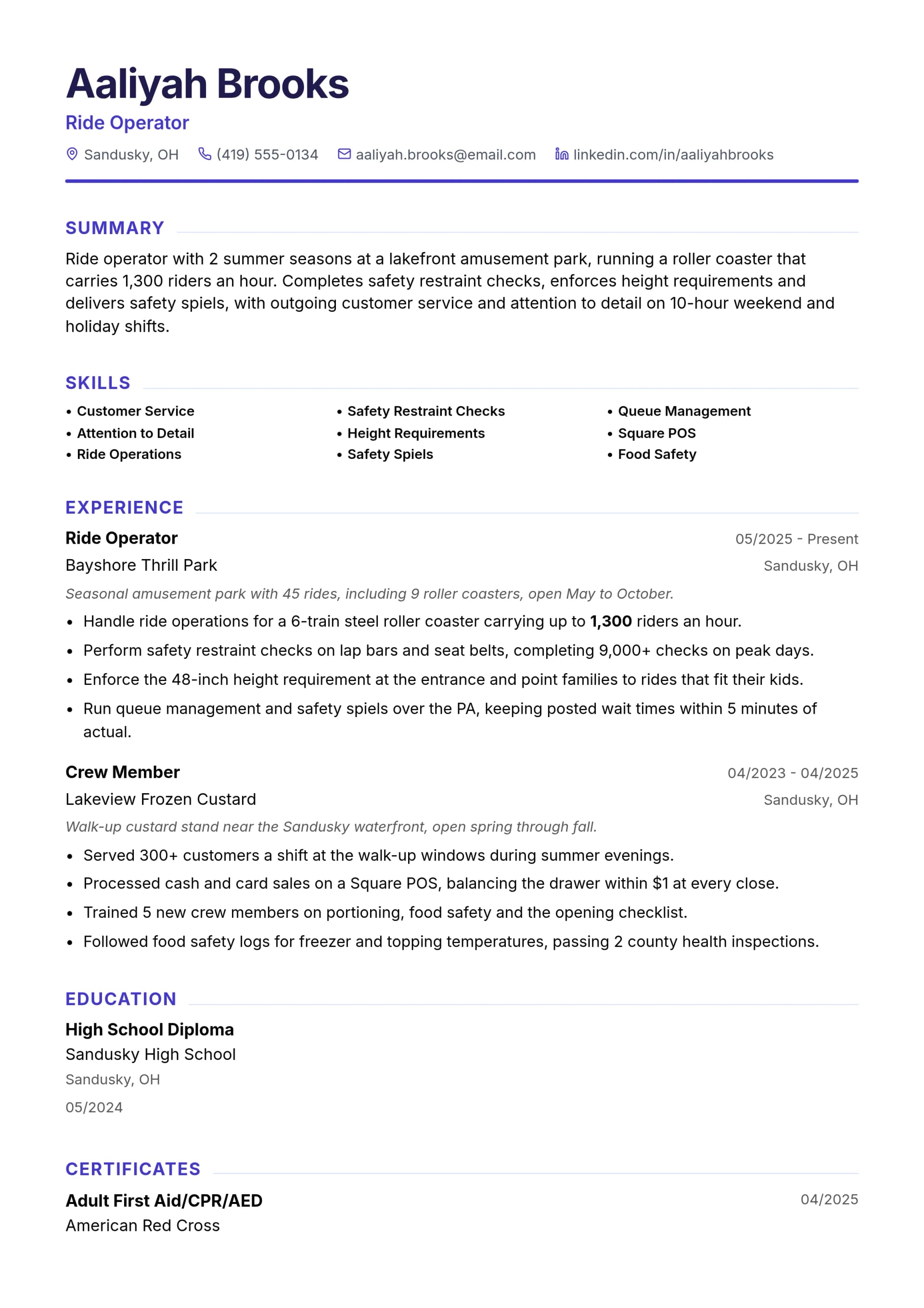 Ride Operator resume example