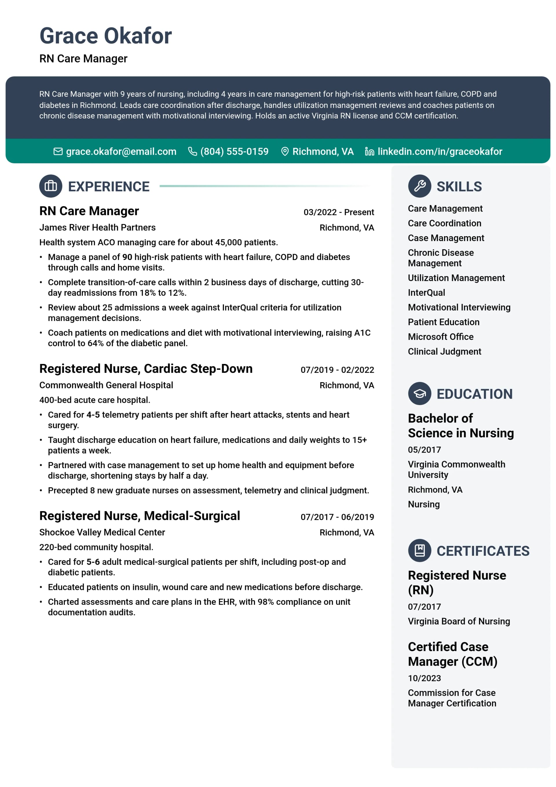 RN Care Manager resume example