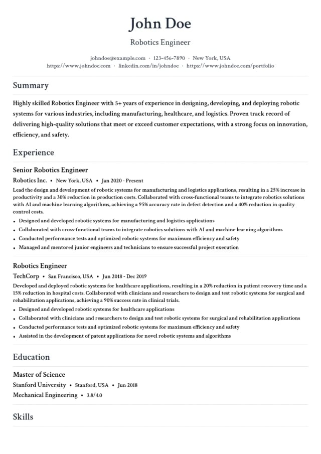 Robotics Engineer resume example